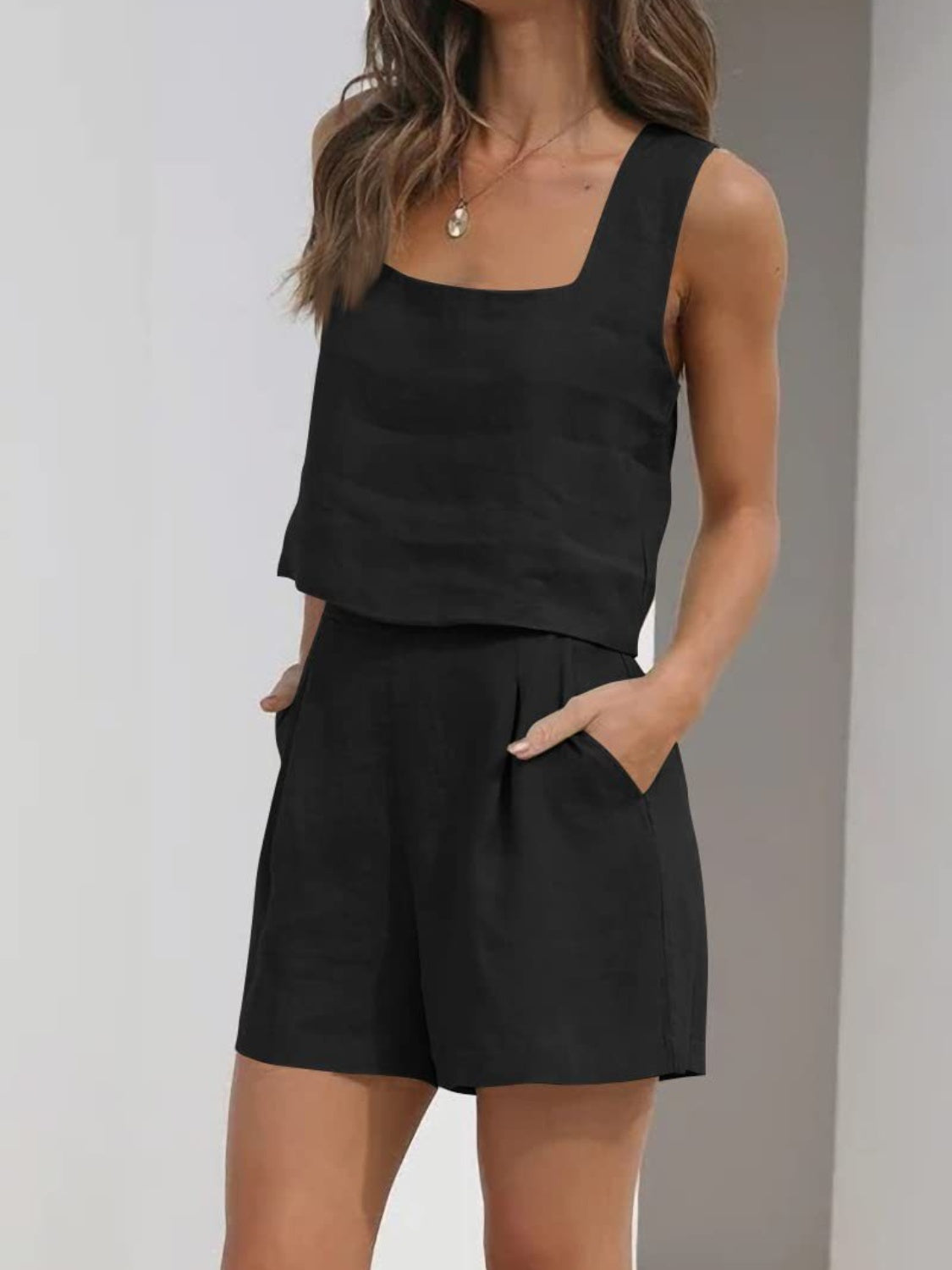 Square Neck Wide Strap Top and Shorts Set