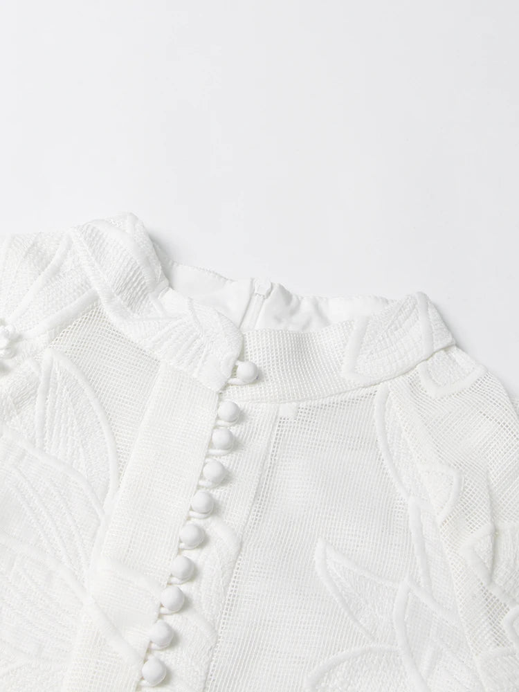 Women Stand Collar Long Sleeve Embroidery A Line Dress
