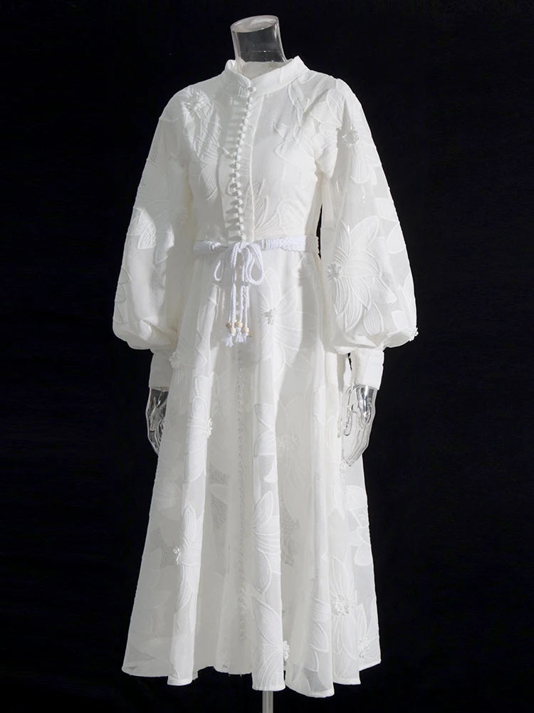 Women Stand Collar Long Sleeve Embroidery A Line Dress