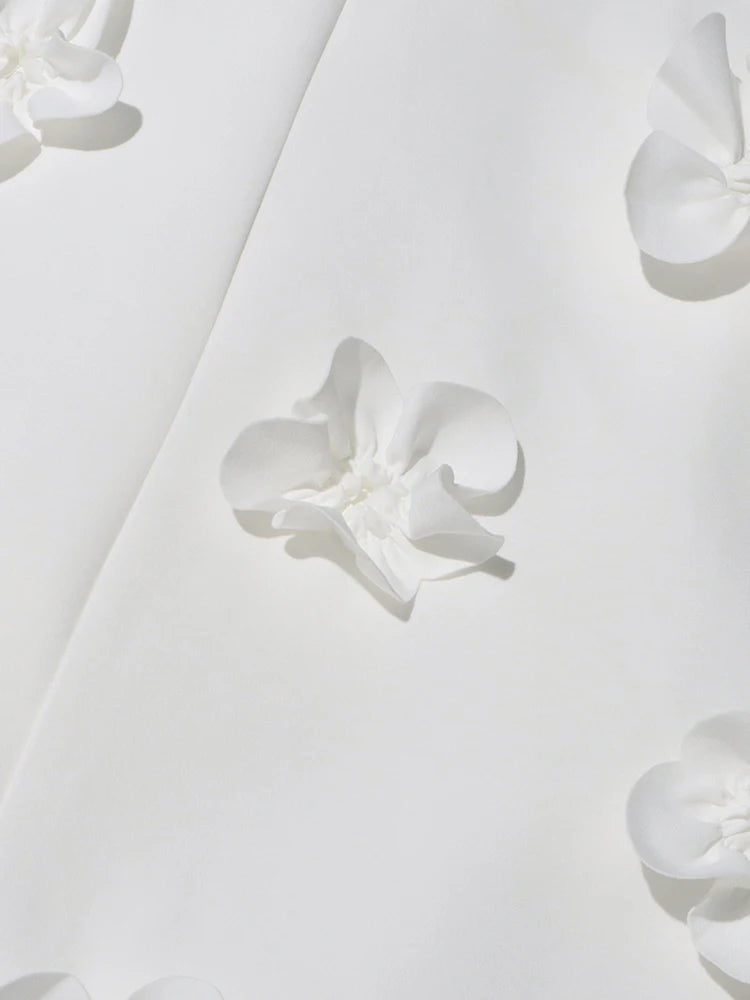 Bridal White 3D Flower Square Collar Sleeveless Backless Dress