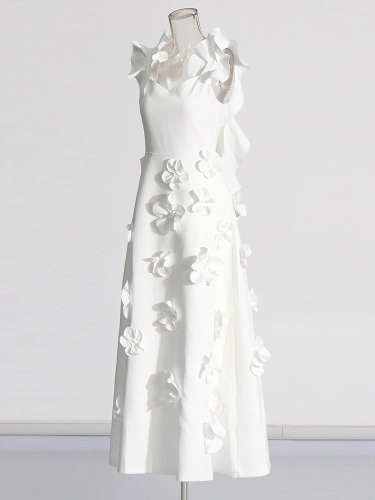 Bridal White 3D Flower Square Collar Sleeveless Backless Dress