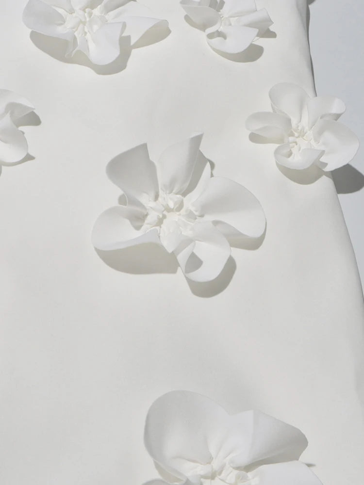 Bridal White 3D Flower Square Collar Sleeveless Backless Dress
