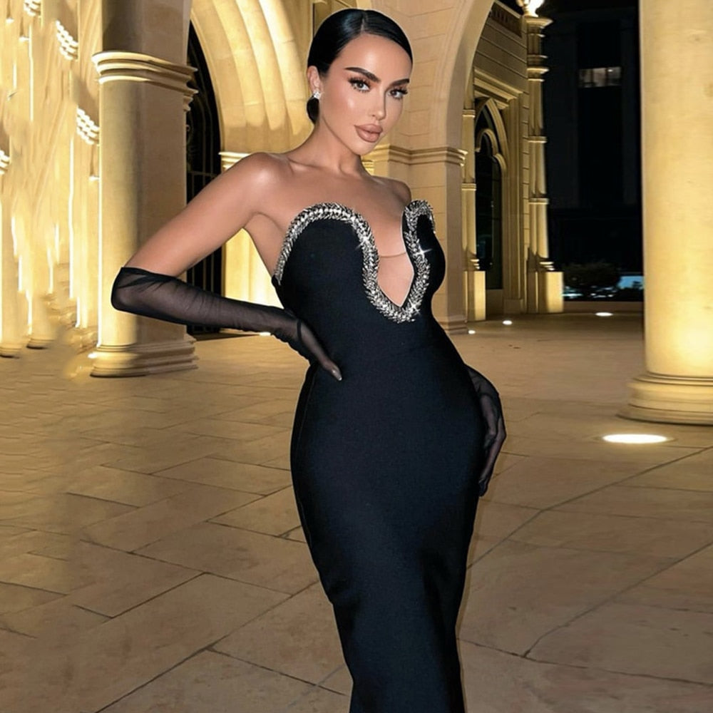 Diamonds Beading Deep V Neck Dress - Whiicka