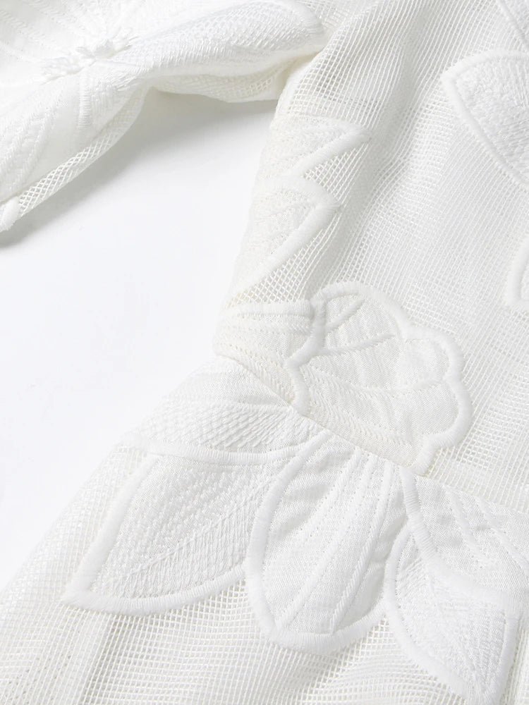 Women Stand Collar Long Sleeve Embroidery A Line Dress
