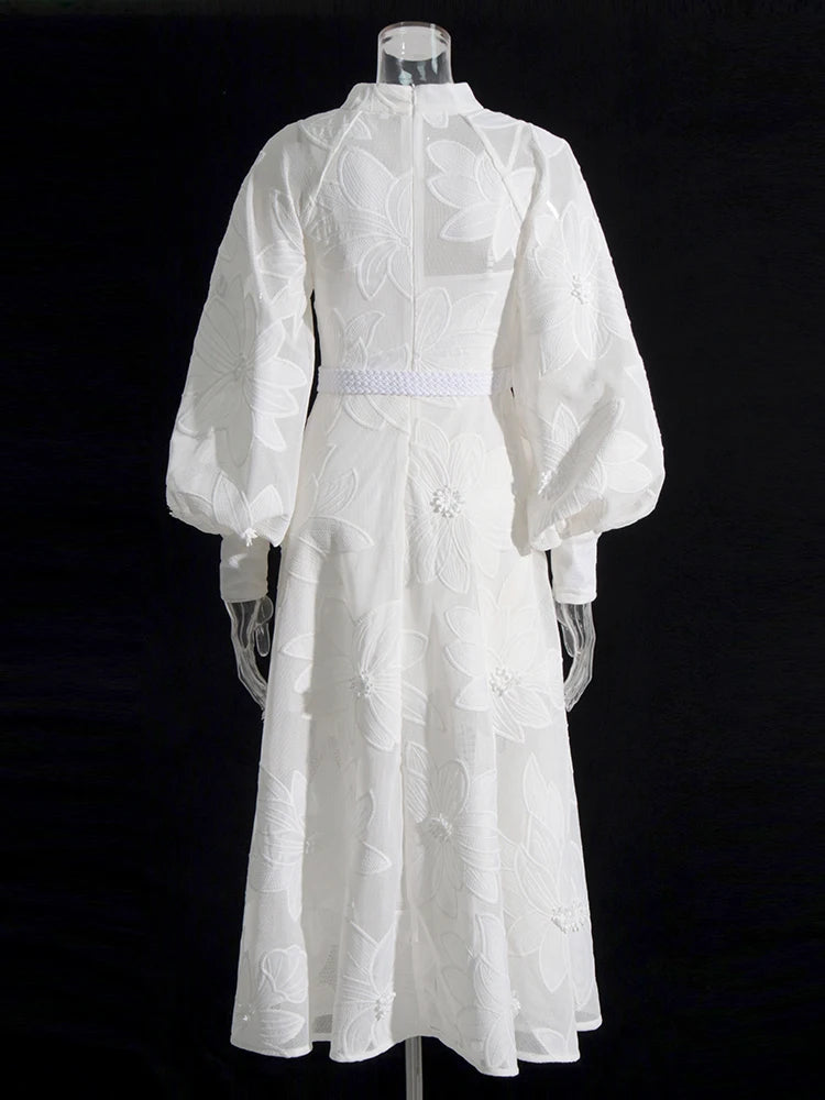 Women Stand Collar Long Sleeve Embroidery A Line Dress