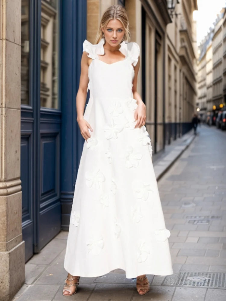 Bridal White 3D Flower Square Collar Sleeveless Backless Dress