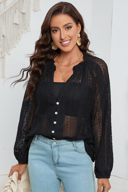 Black Openwork Long Sleeve Shirt - Whiicka