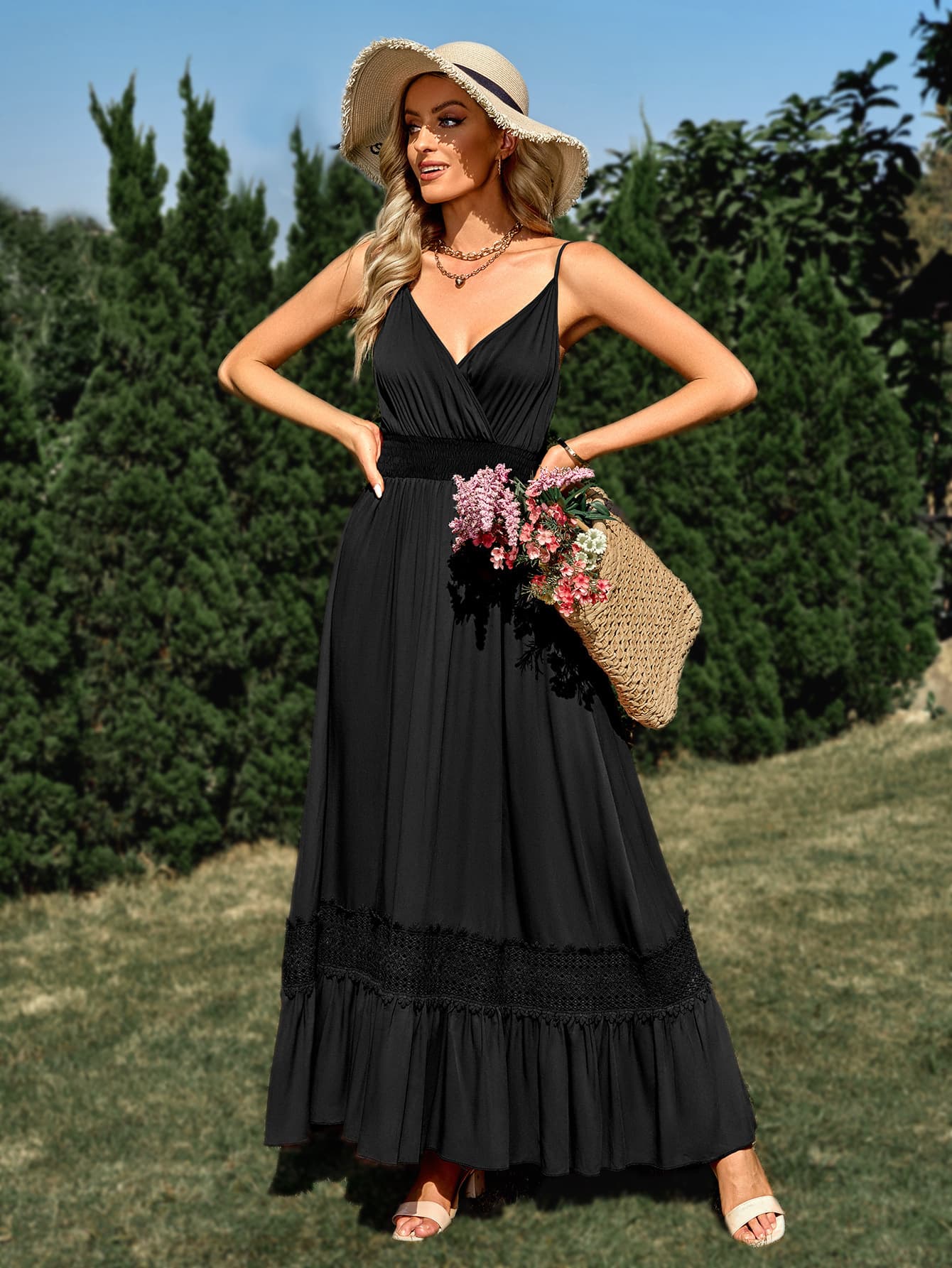 Smocked Waist Spliced Lace Dress - Whiicka