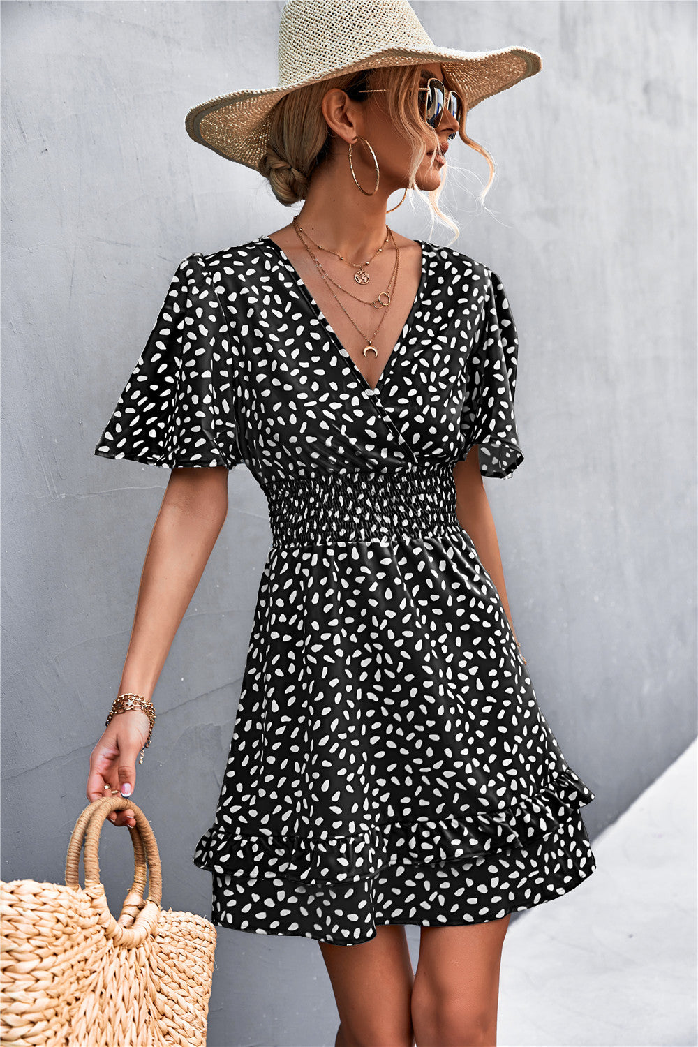 Smocked Waist Layered Surplice Dress - Whiicka