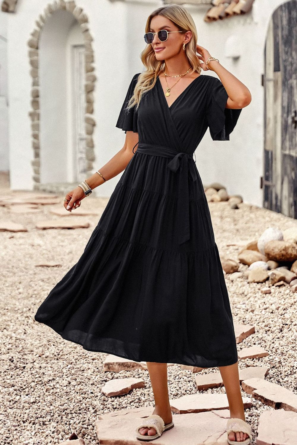 Belted Flutter Sleeve Tiered Surplice Dress - Whiicka