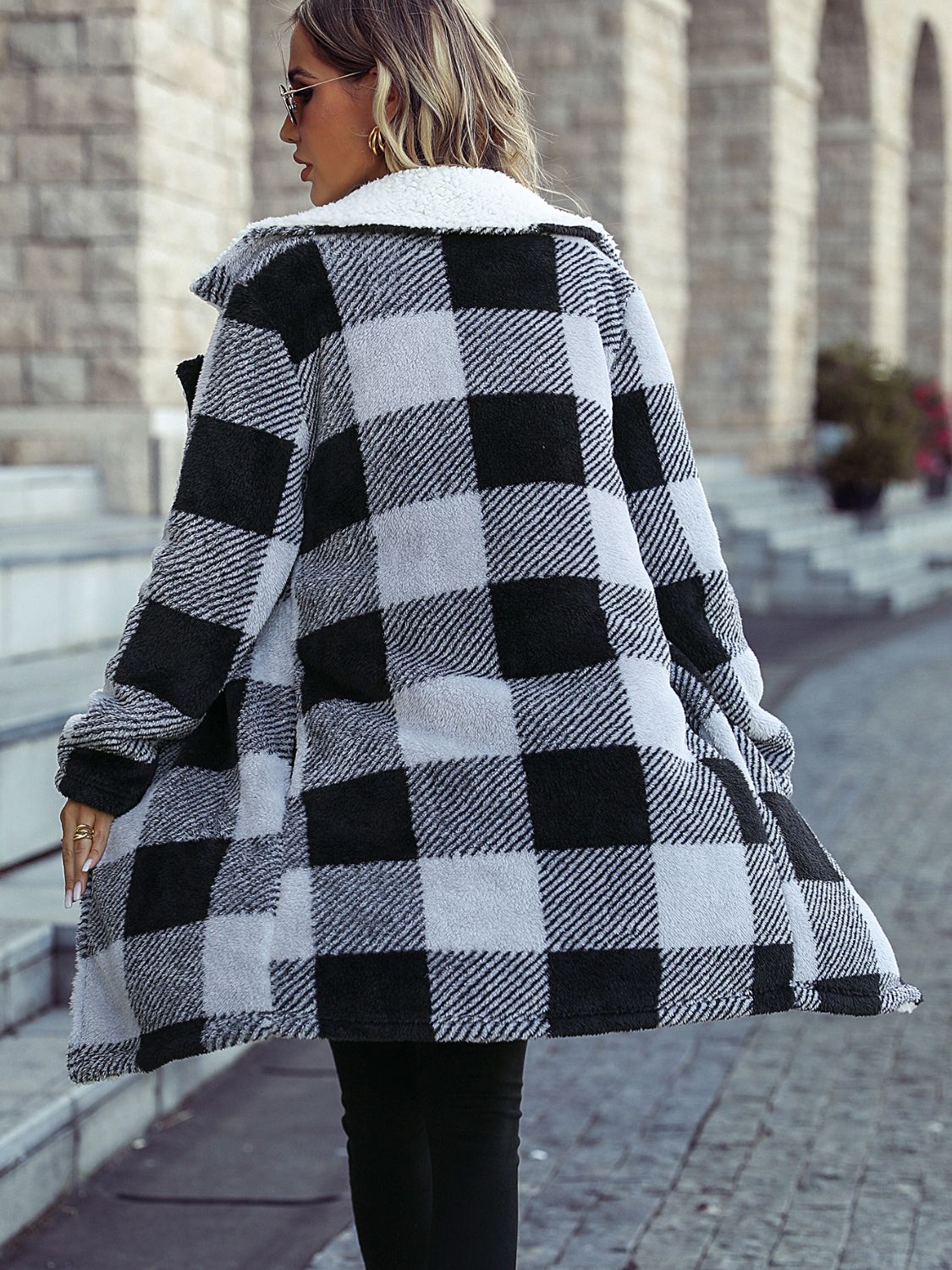 Plaid Open Front Coat with Pockets - Whiicka