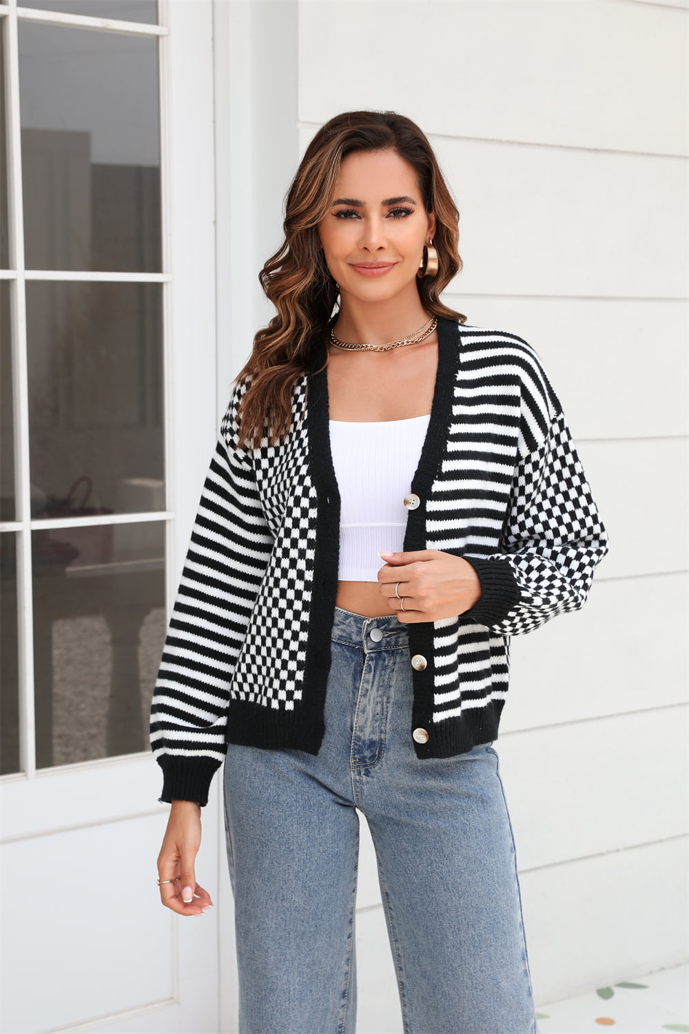 Stripe & Plaid Button-Down Cardigan - Whiicka
