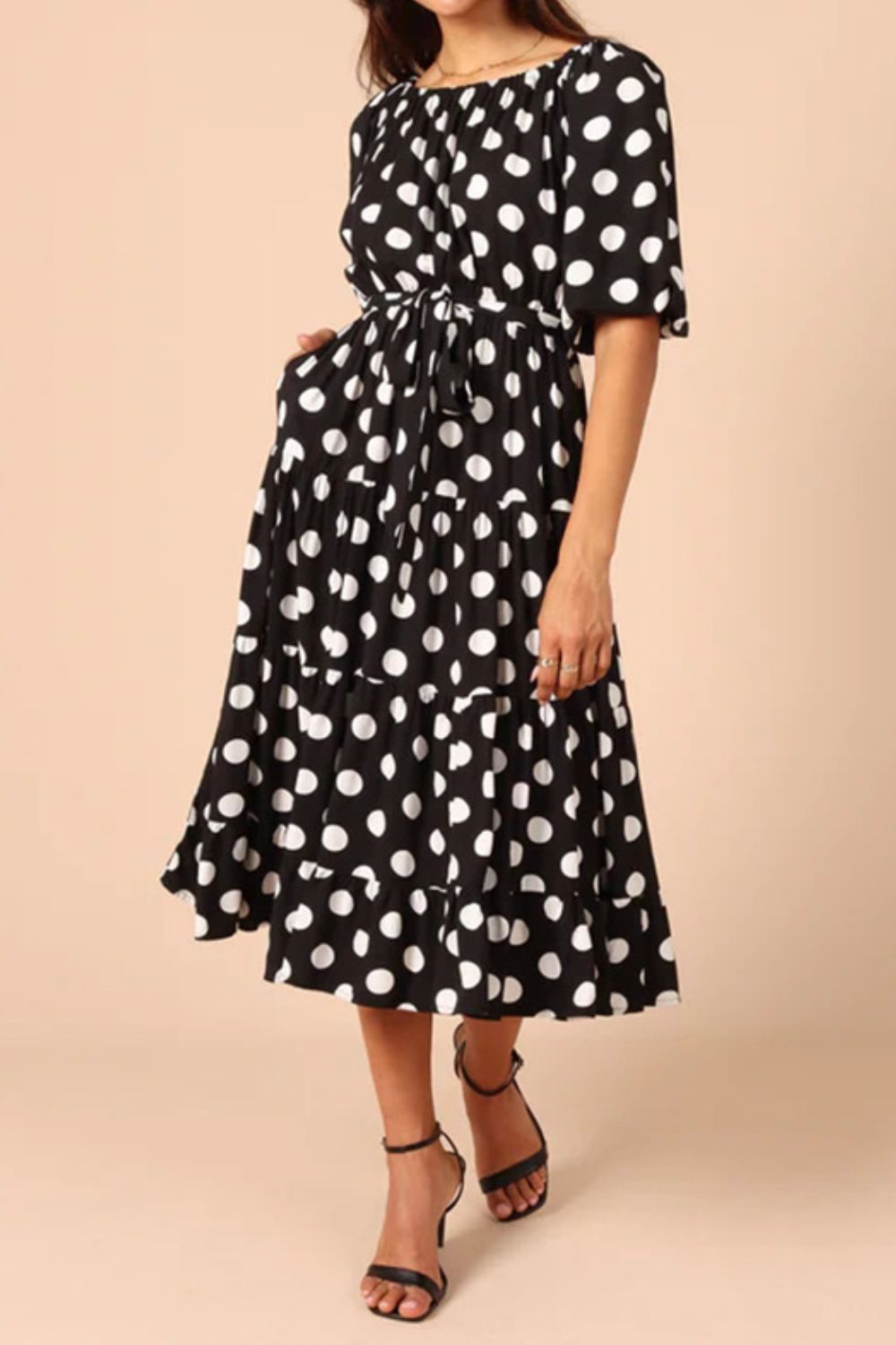 Polka Dot Tie Waist Midi Dress - Whiicka
