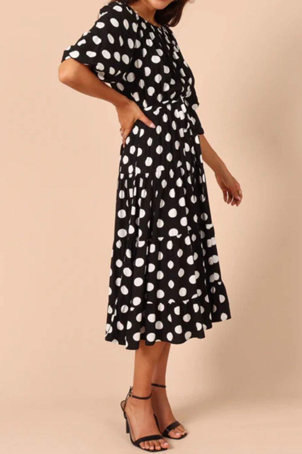 Polka Dot Tie Waist Midi Dress - Whiicka