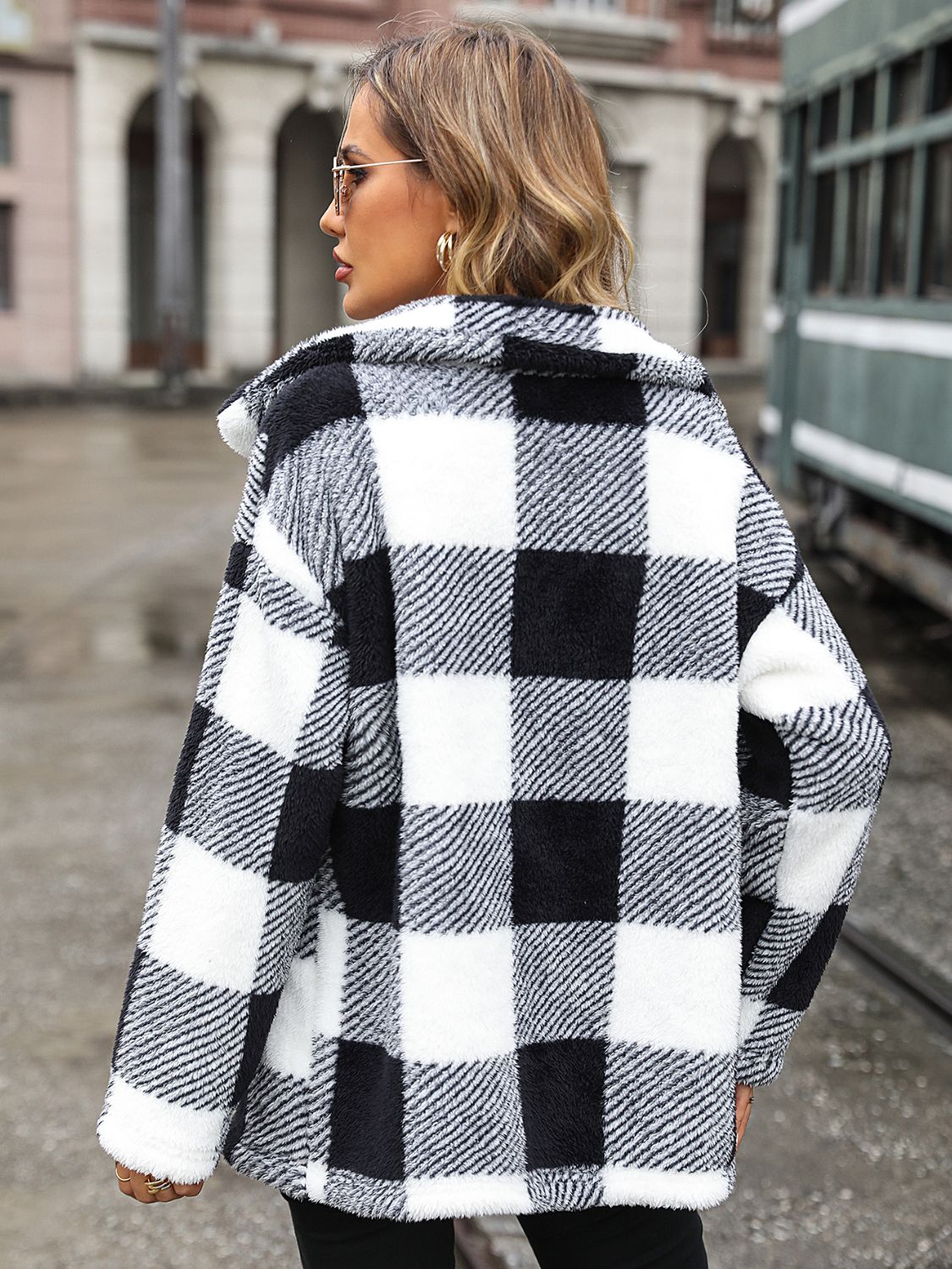 Plaid Collared Neck Button Down Jacket - Whiicka