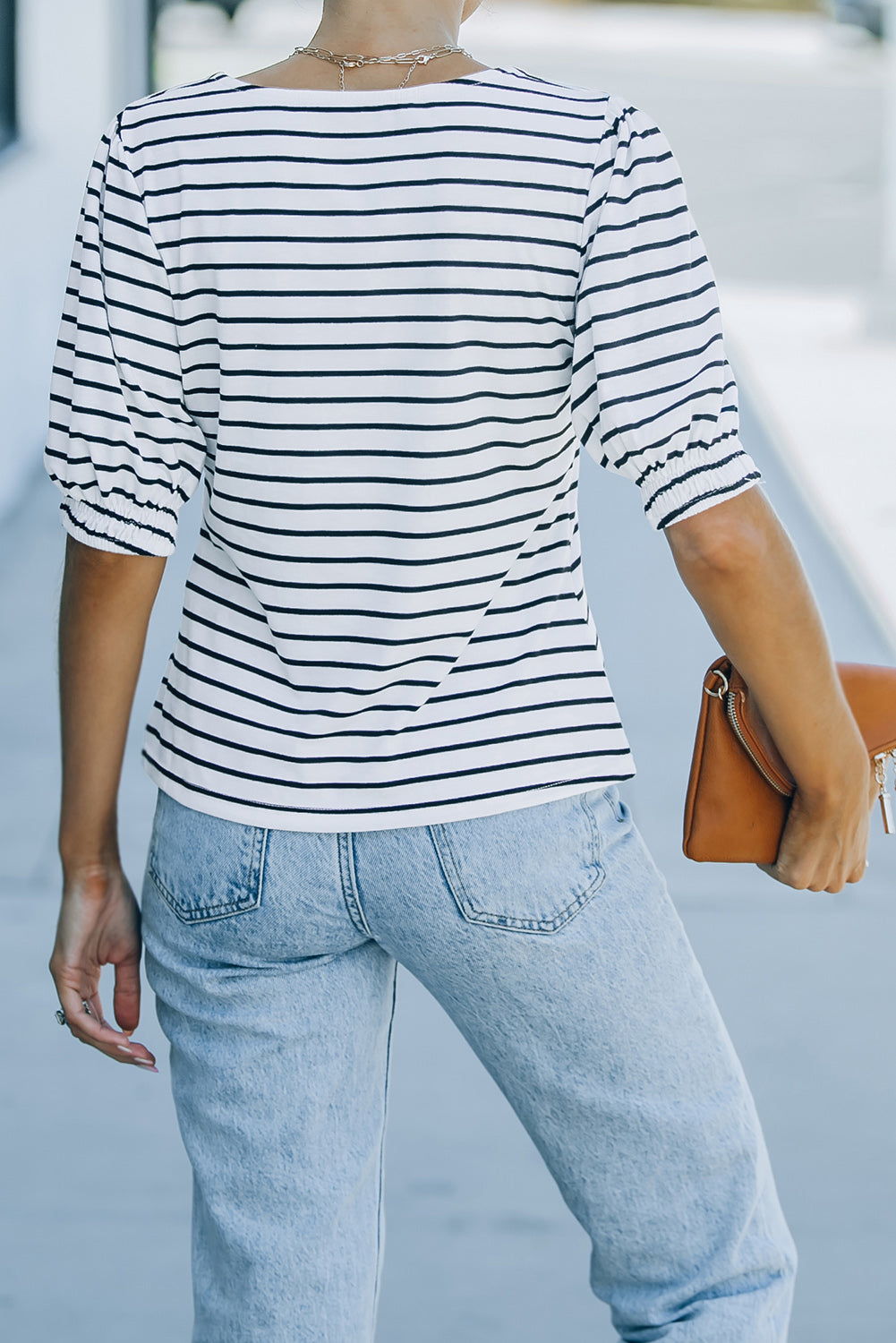 Striped Half Puff Sleeve Square Neck T-Shirt - Whiicka