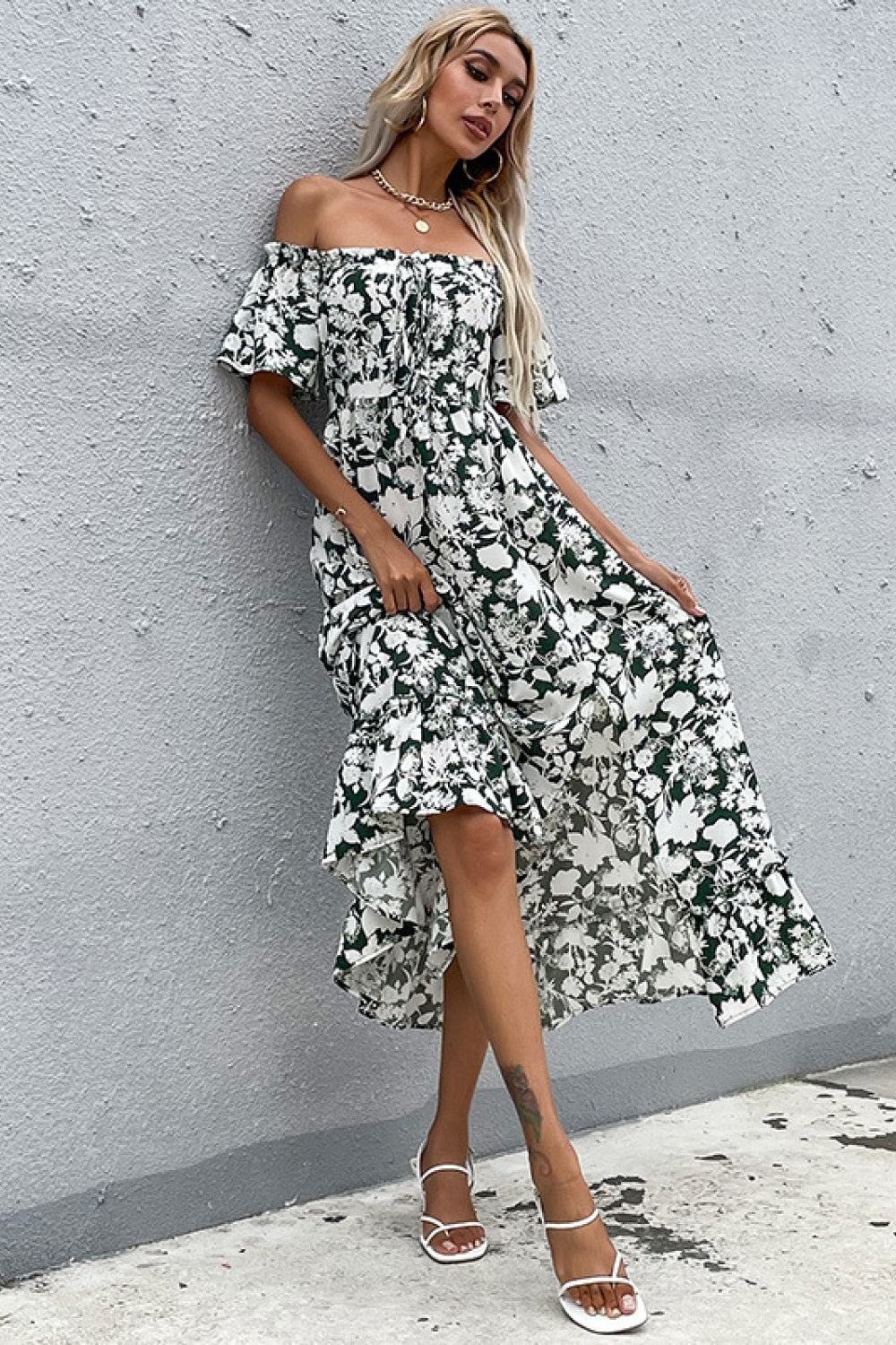 Floral Slit Off-Shoulder Midi Dress - Whiicka