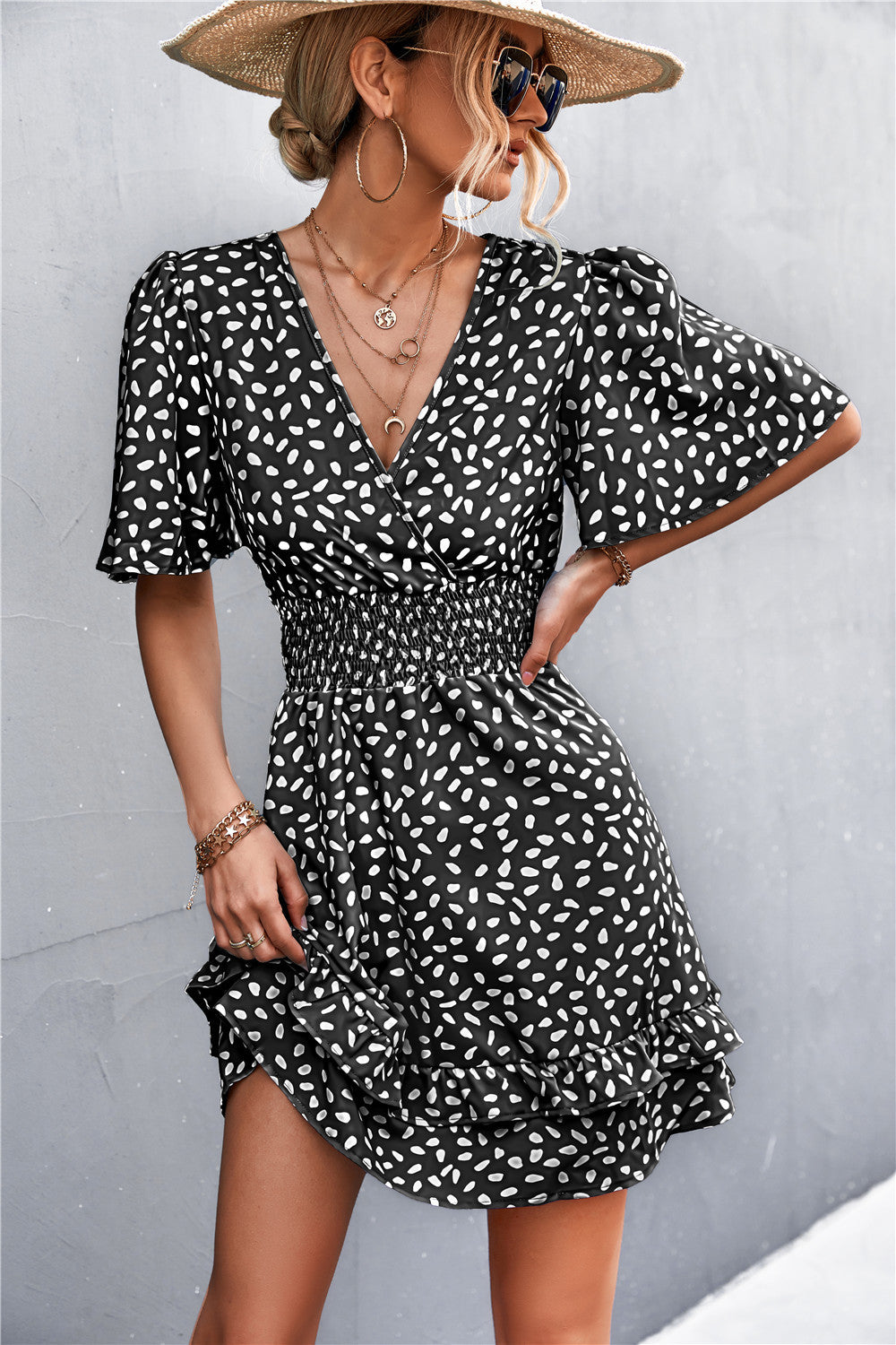 Smocked Waist Layered Surplice Dress - Whiicka