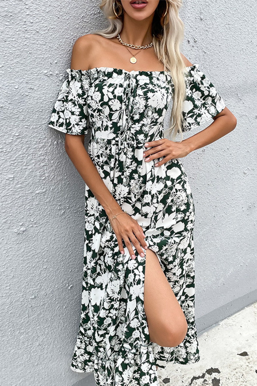 Floral Slit Off-Shoulder Midi Dress - Whiicka