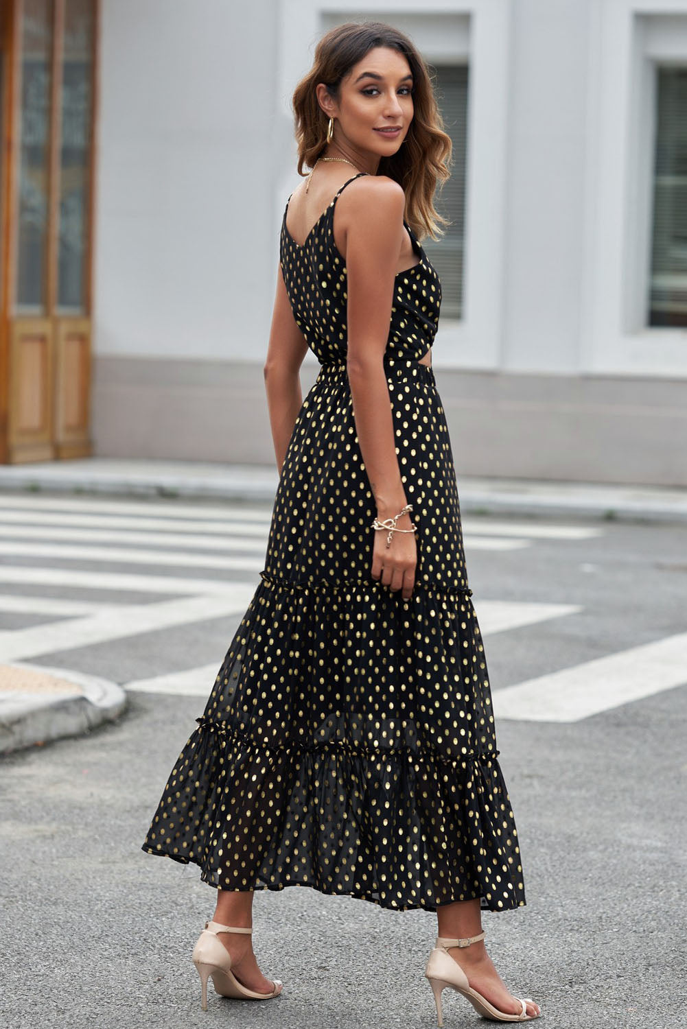Polka Dot Cutout Spaghetti Strap Tiered Maxi Dress - Whiicka