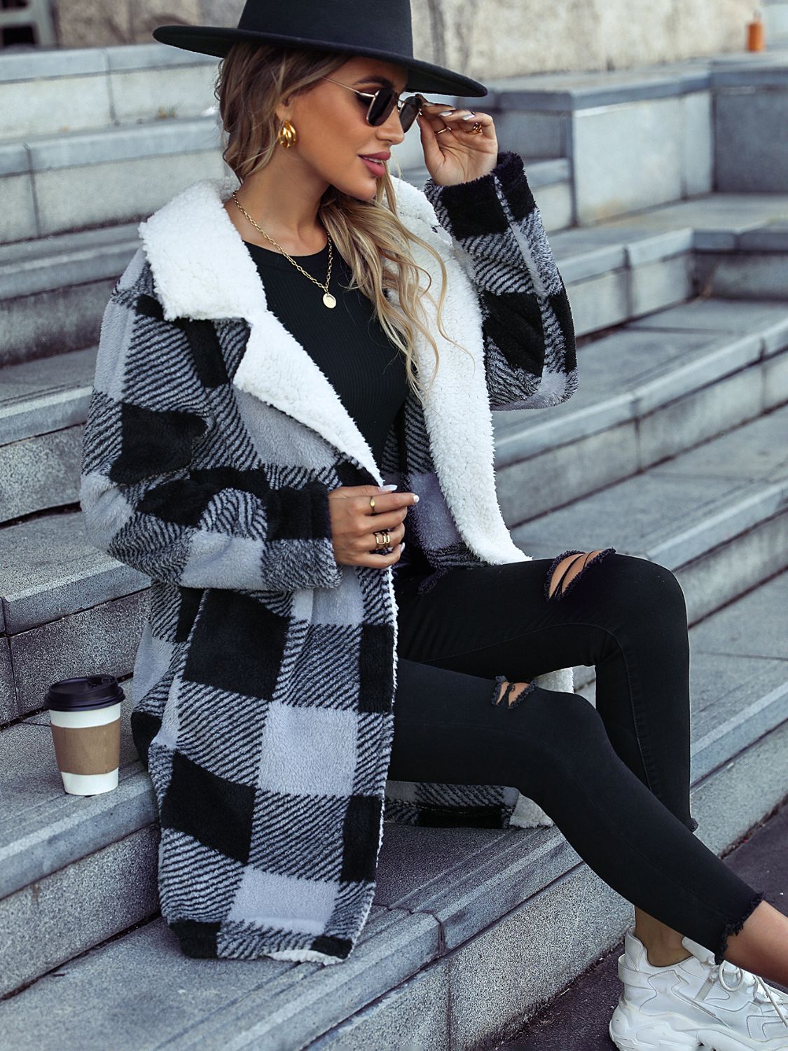 Plaid Open Front Coat with Pockets - Whiicka