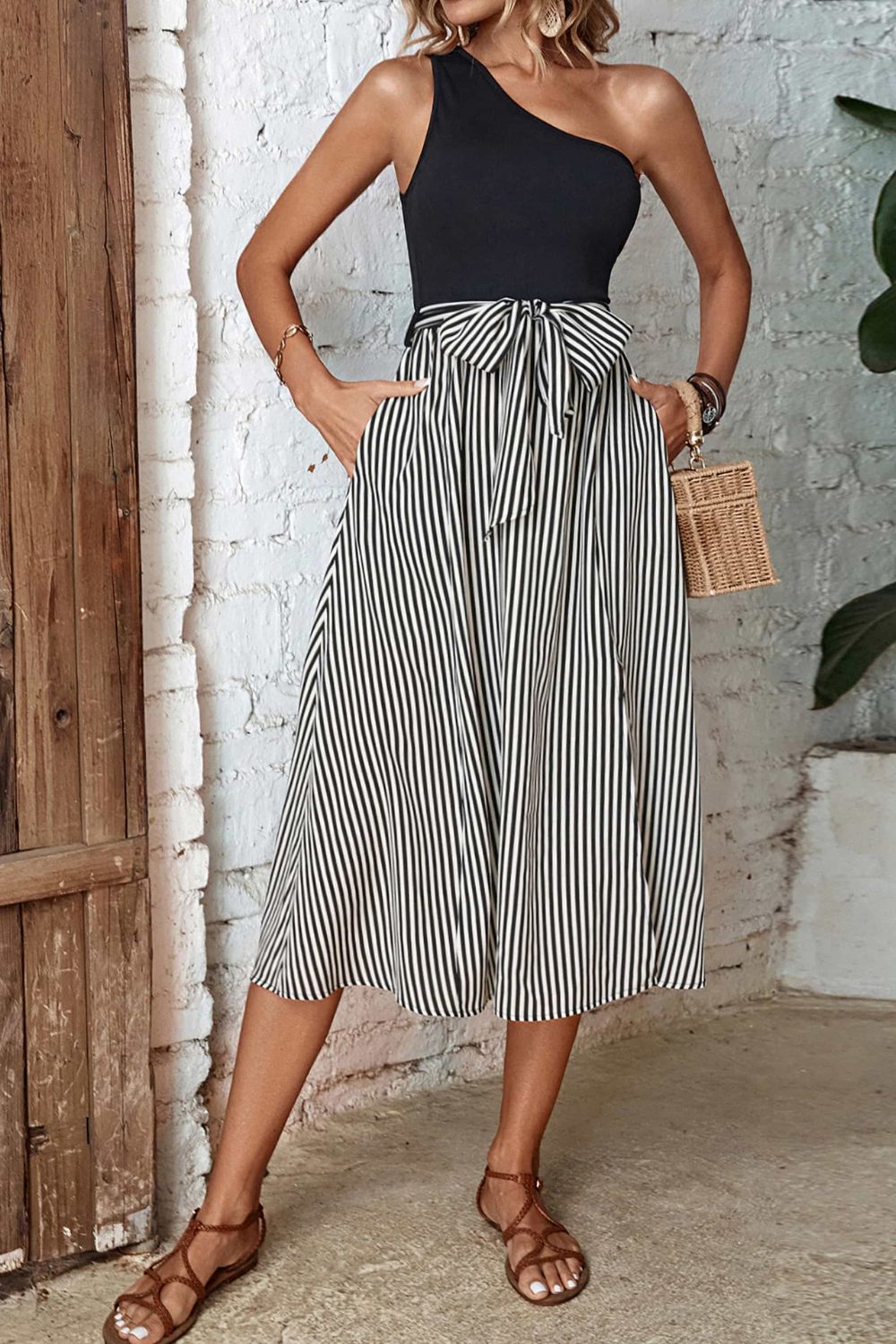 Striped One-Shoulder Slit Dress - Whiicka