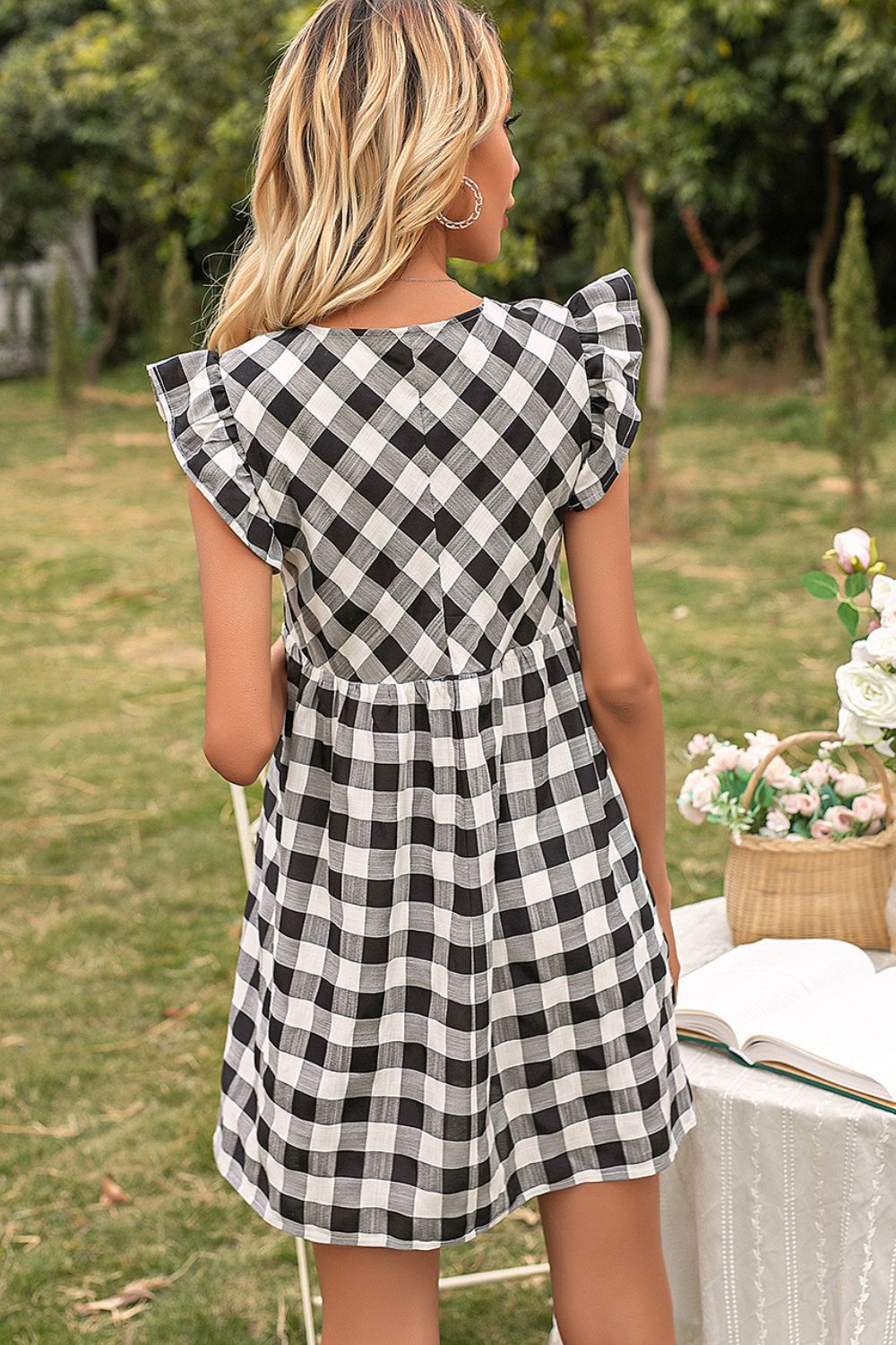 Plaid Butterfly Sleeve Deep V Dress - Whiicka