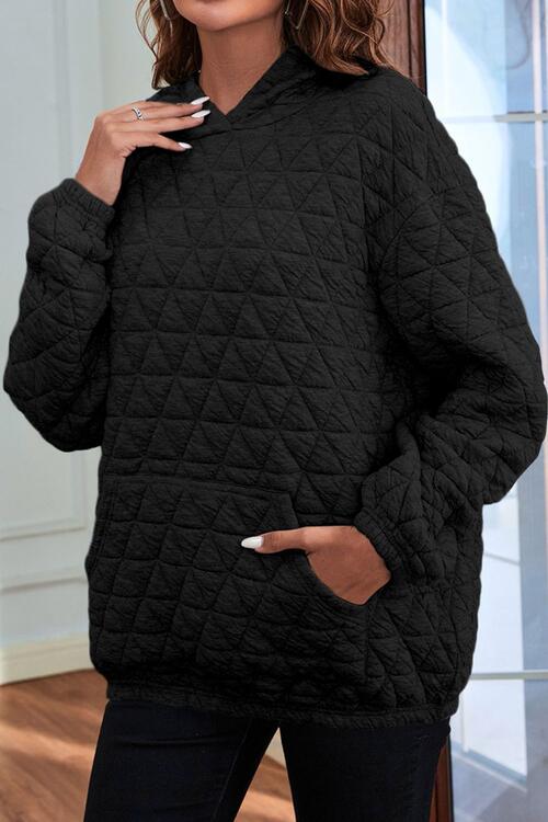 Quilted Long Sleeve Hoodie with Pocket - Whiicka