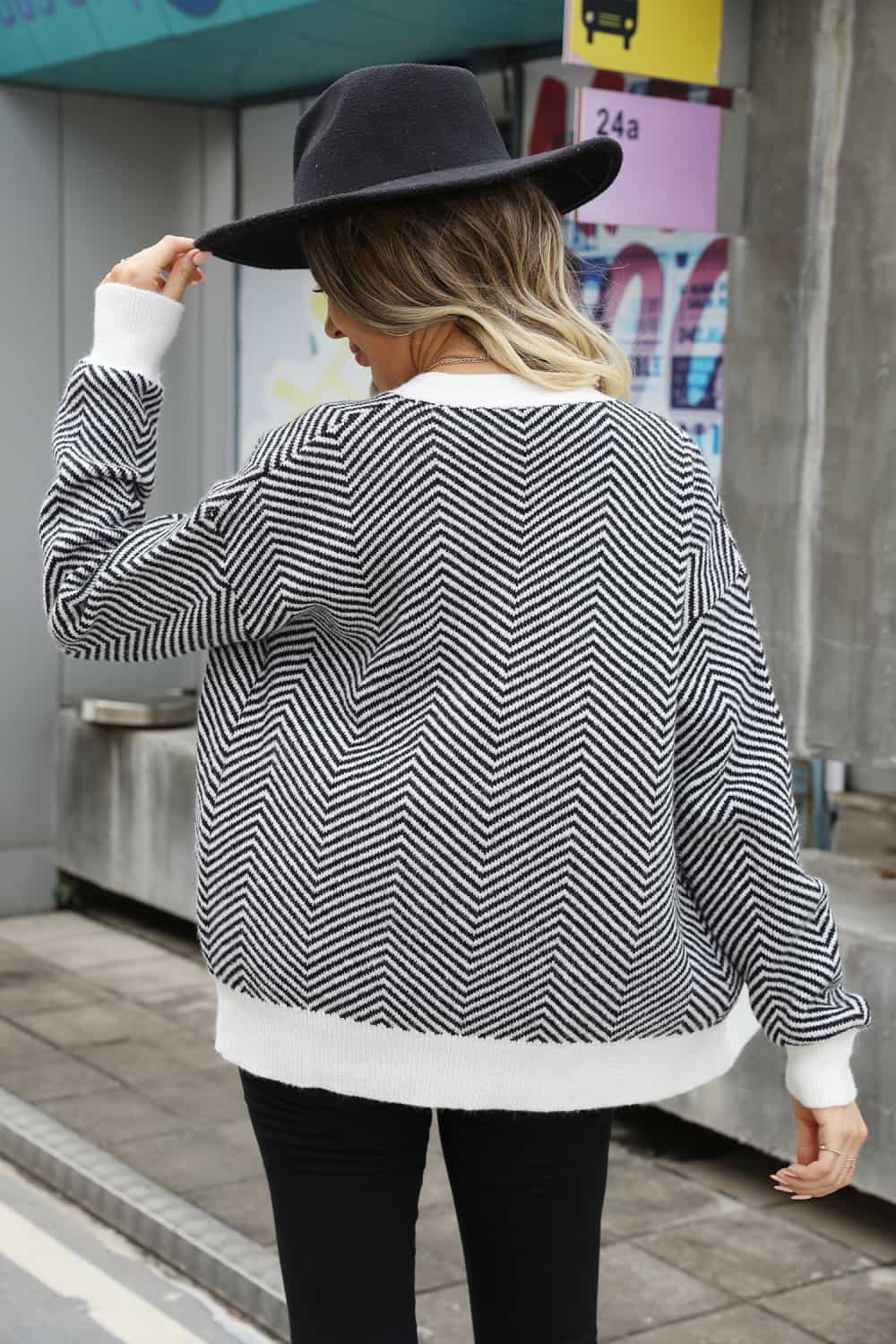 Striped V-Neck Button-Up Cardigan - Whiicka