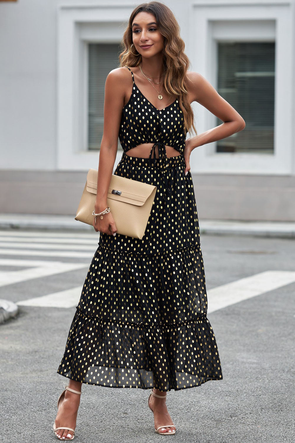 Polka Dot Cutout Spaghetti Strap Tiered Maxi Dress - Whiicka