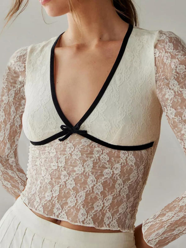 Lace V-neck long-sleeved bow top