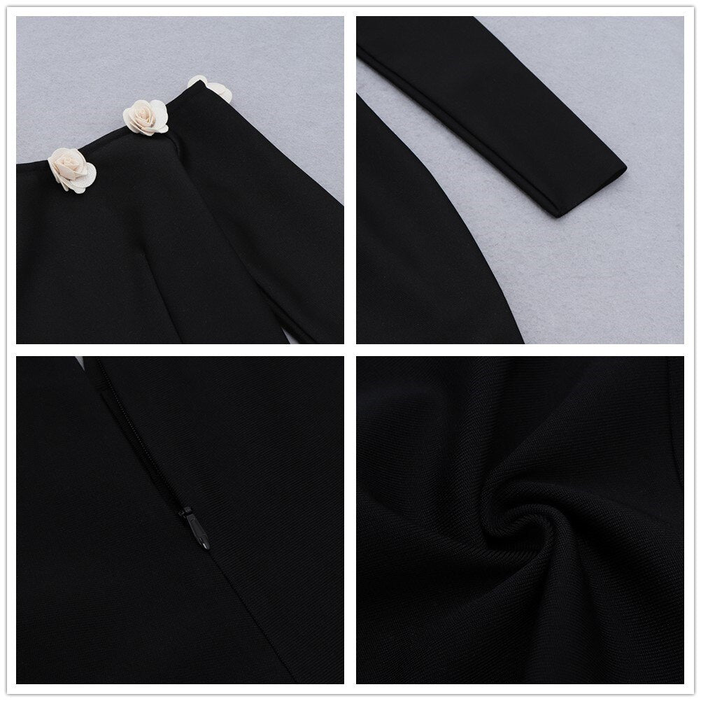Flower Applique Black Bandage Dress - Whiicka