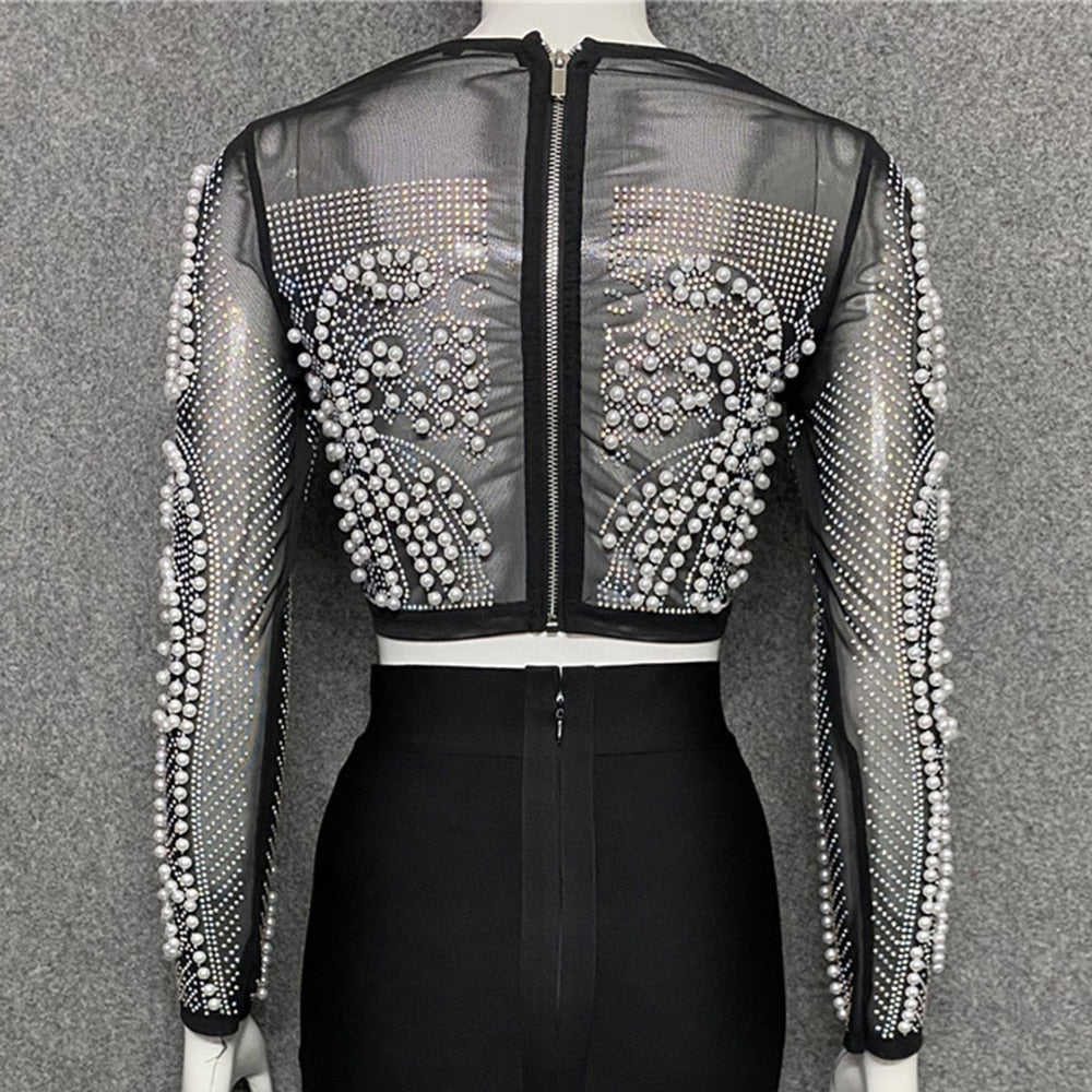 Beading Mesh Sleeve Tank Top - Whiicka