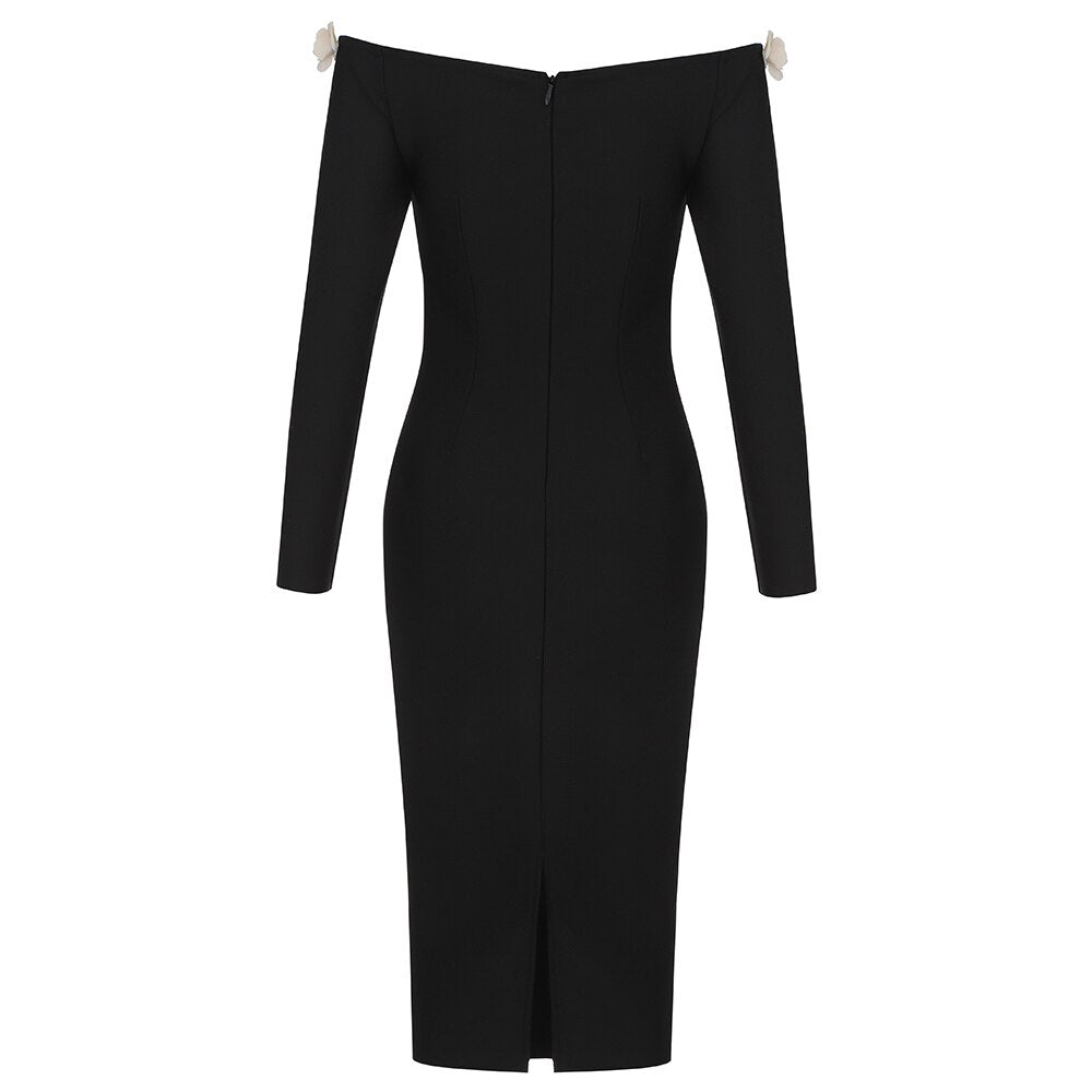 Flower Applique Black Bandage Dress - Whiicka