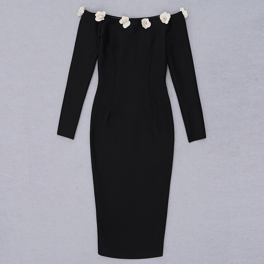 Flower Applique Black Bandage Dress - Whiicka