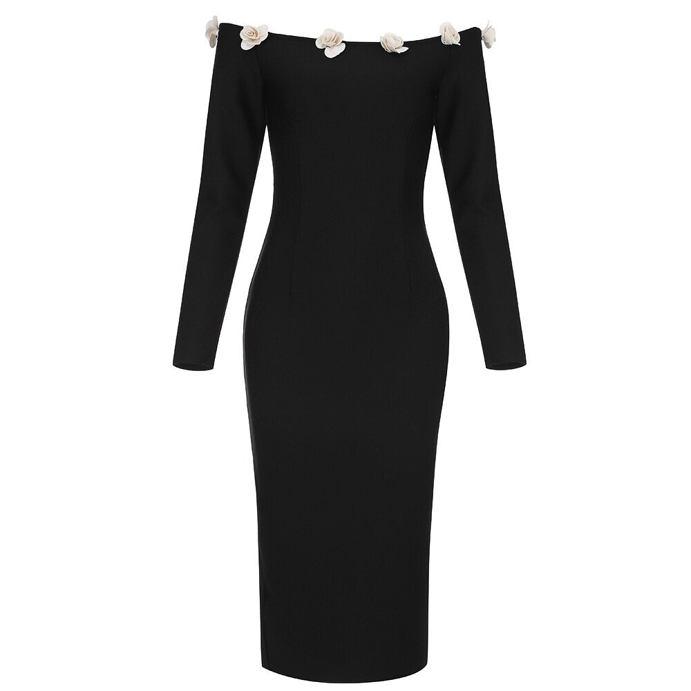Flower Applique Black Bandage Dress - Whiicka
