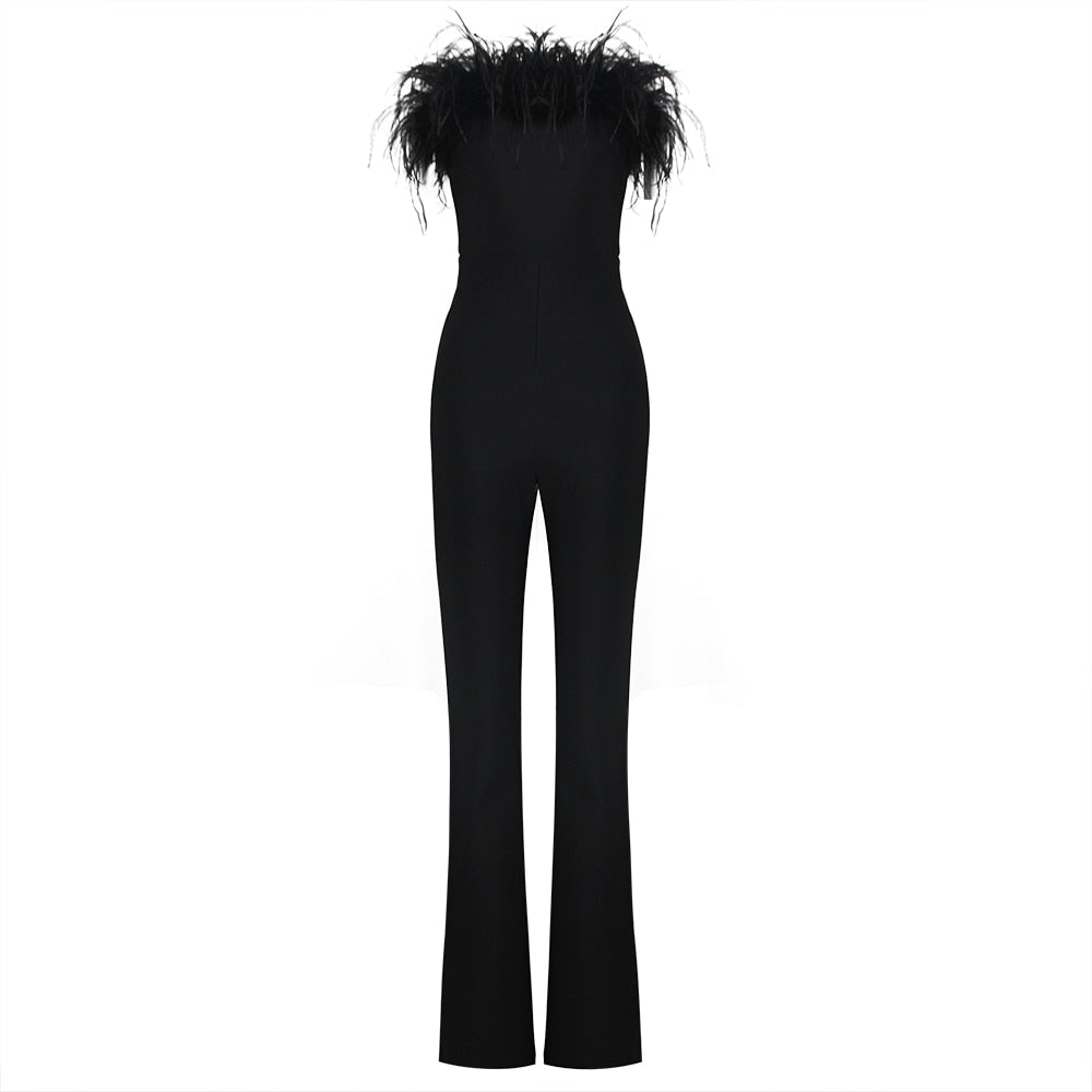 Feathers Strapless Bandage Jumpsuit - Whiicka