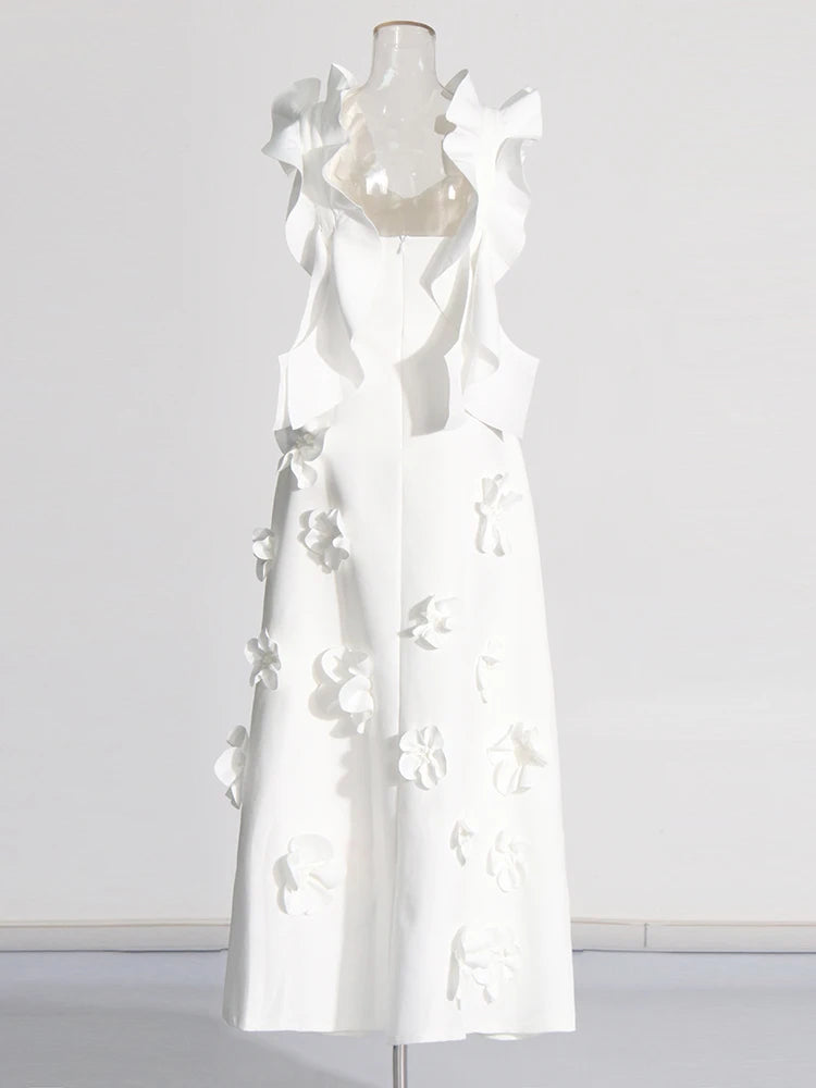 Bridal White 3D Flower Square Collar Sleeveless Backless Dress