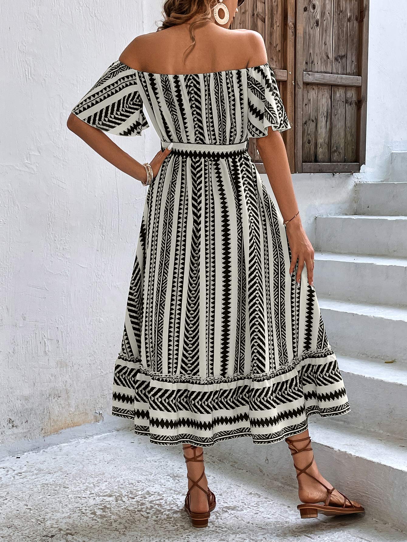 Off-Shoulder Tie Belt Midi Dress - Whiicka