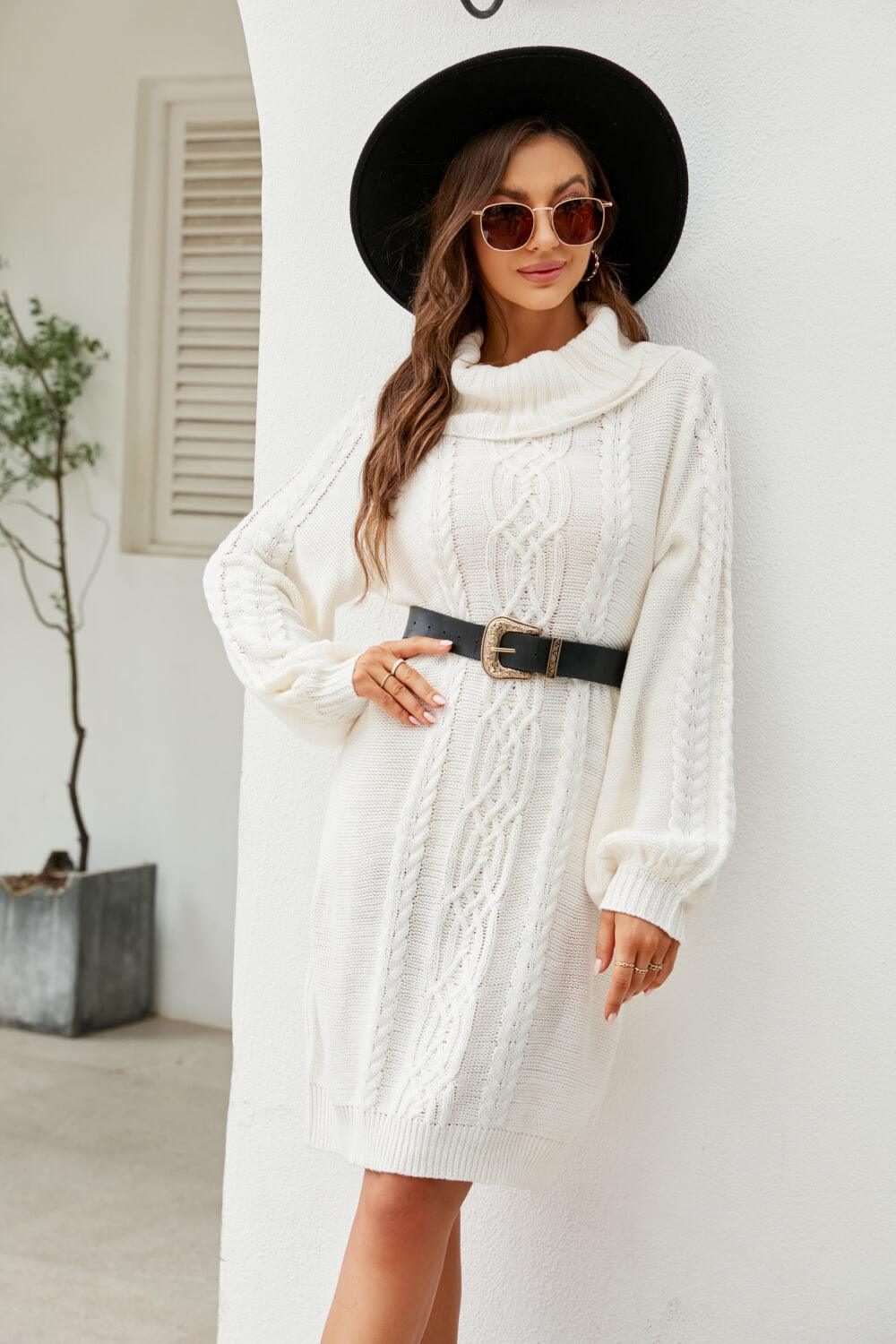 Mixed Knit Turtleneck Lantern Sleeve Sweater Dress - Whiicka