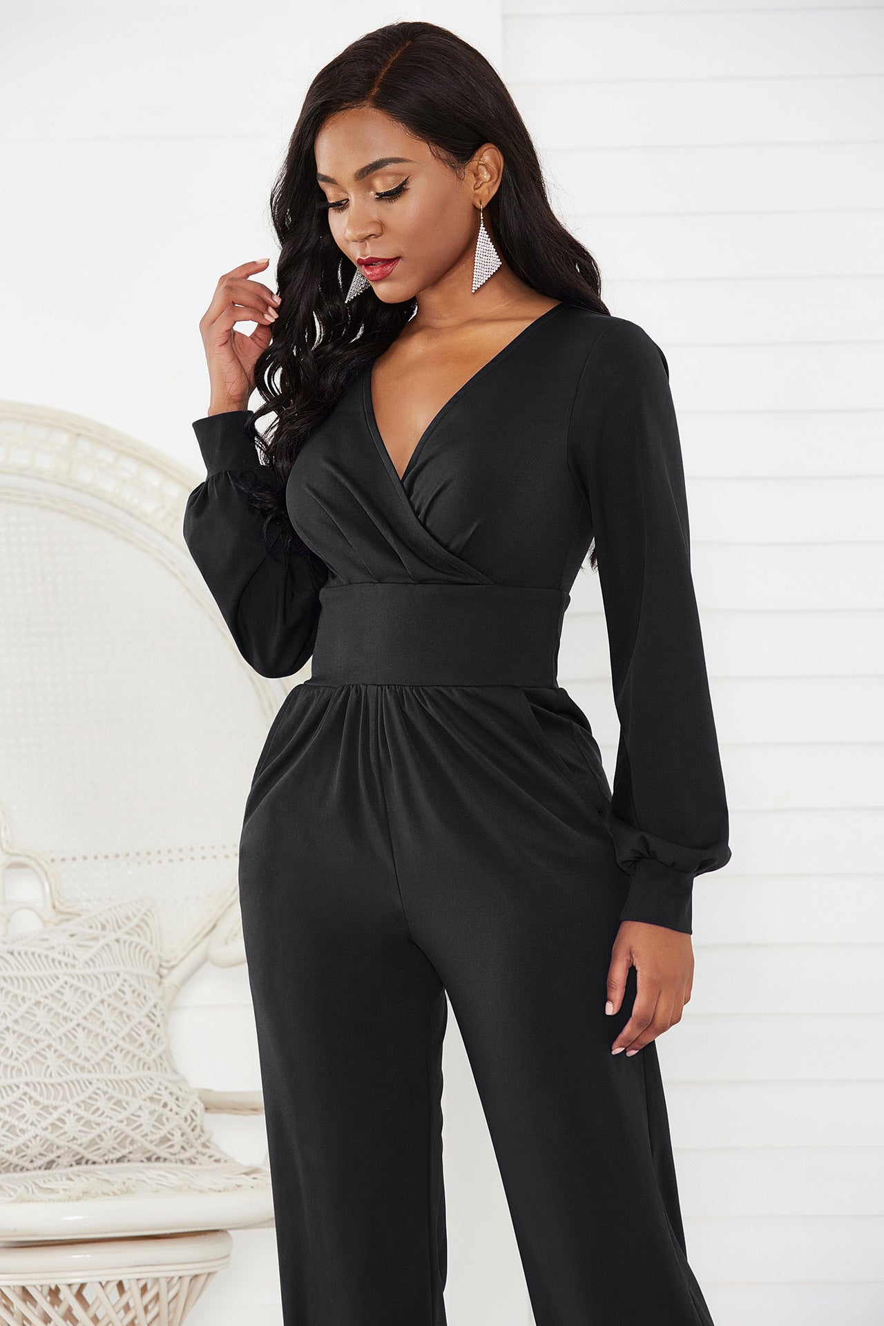 Gathered Detail Lantern Sleeve Jumpsuit - Whiicka