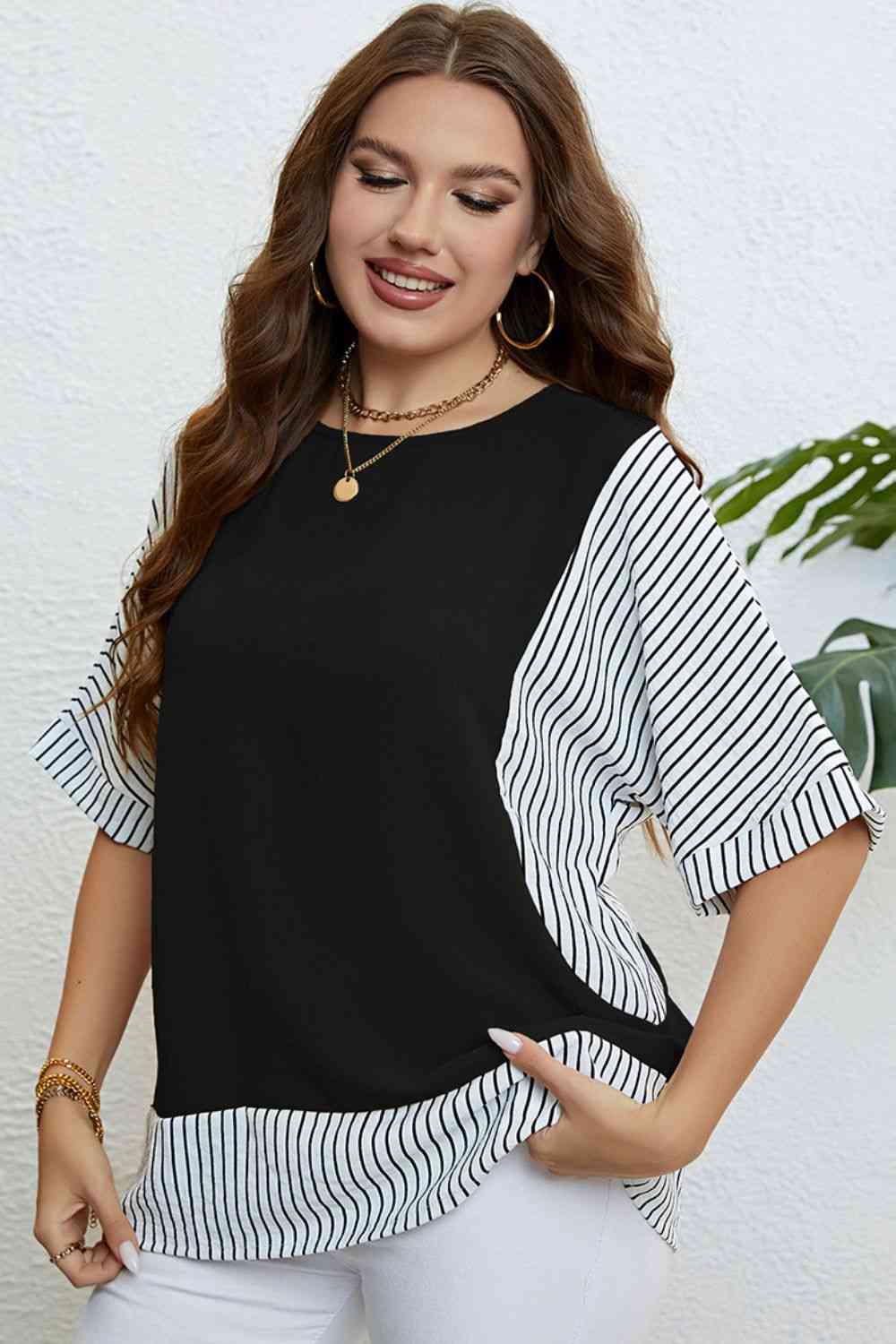 Plus Size Striped Half Sleeve Top