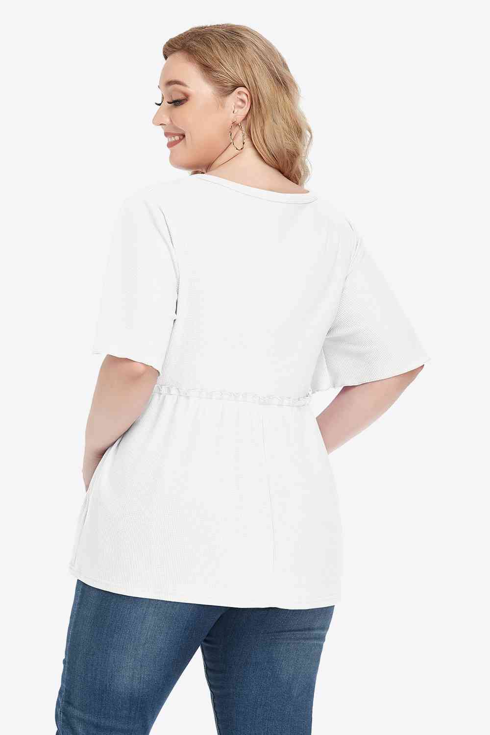 Plus Size Buttoned V-Neck Frill Trim Blouse