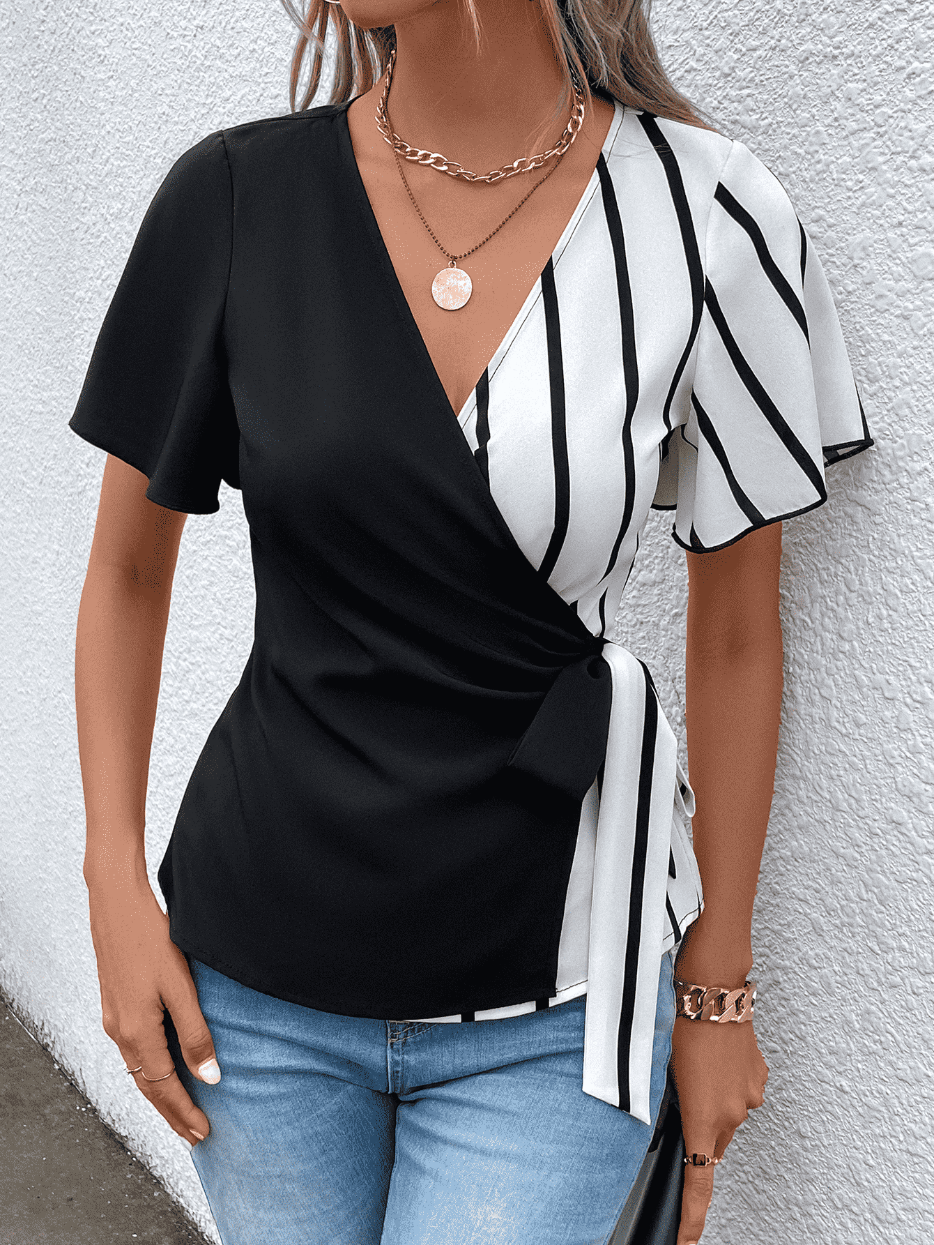 Waist Tie Flutter Sleeve Blouse - Whiicka