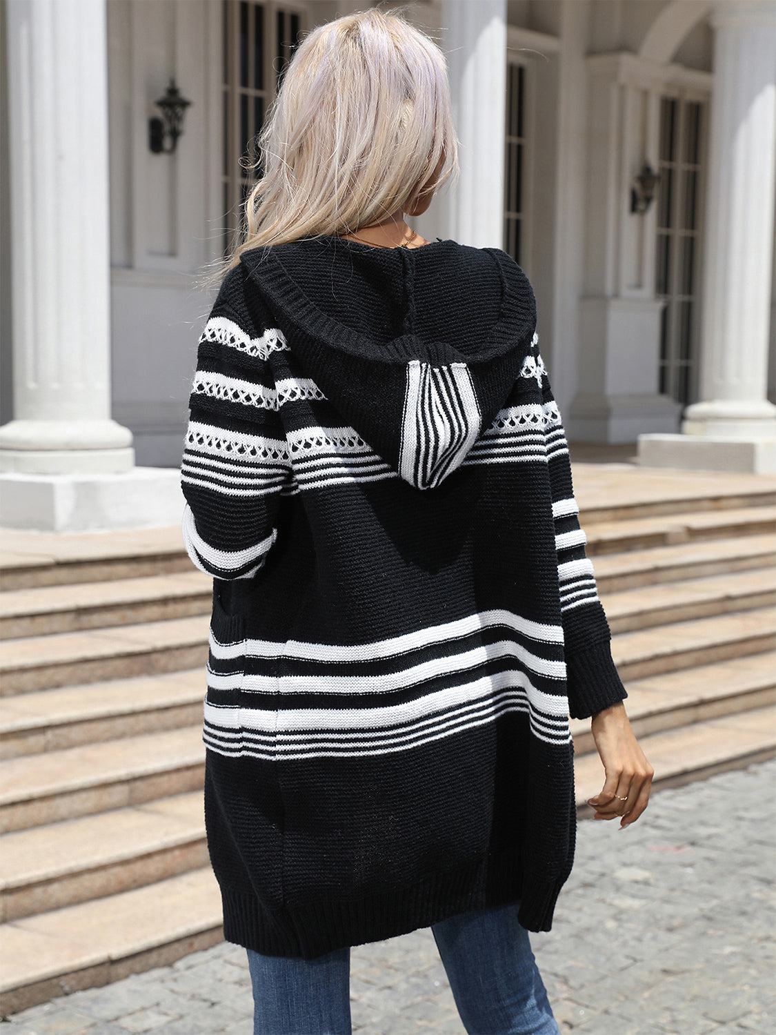 Striped Open Front Hooded Cardigan - Whiicka