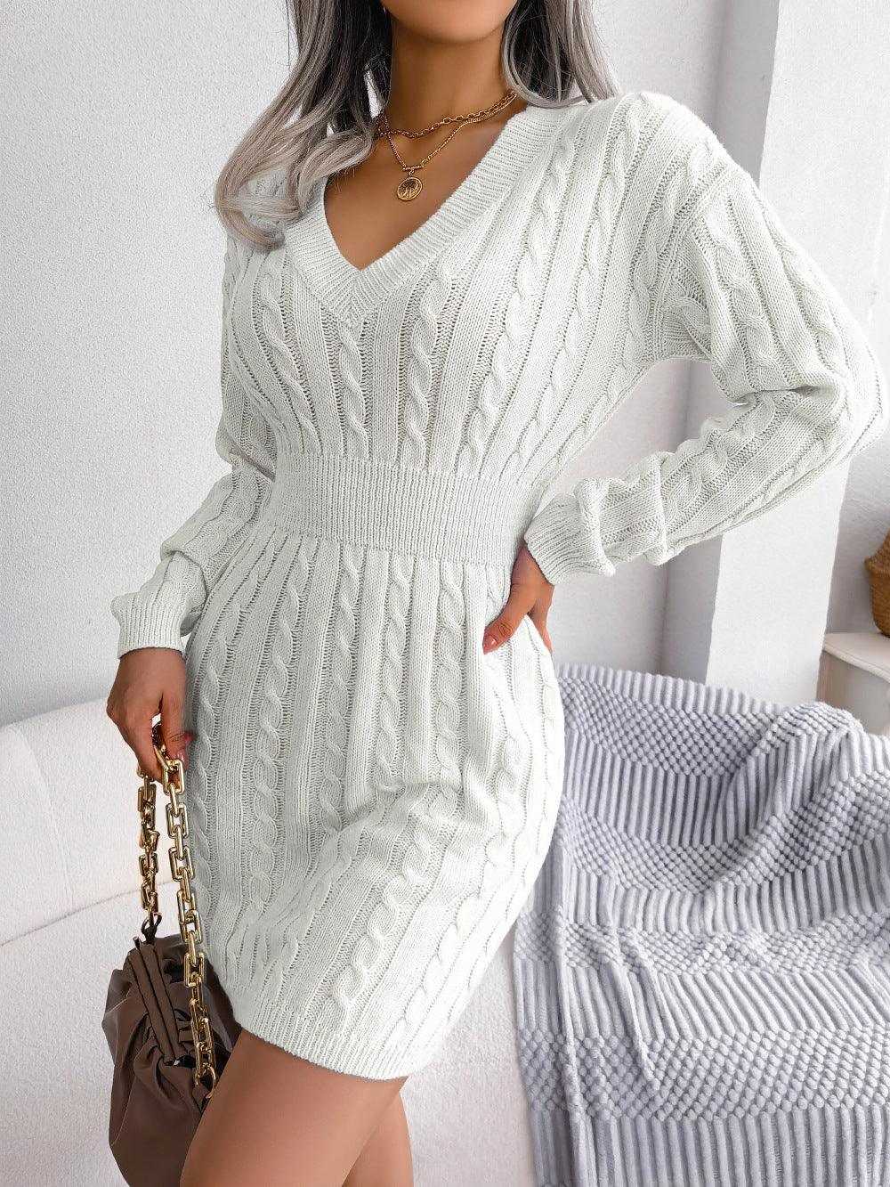 Cable-Knit V-Neck Mini Sweater Dress - Whiicka