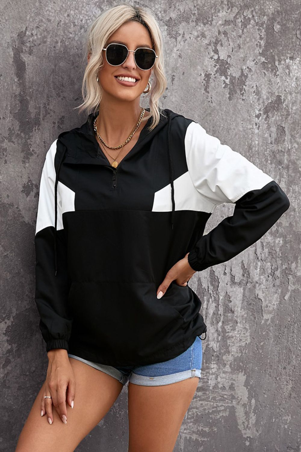 Color Block Drawstring Hoodie - Whiicka