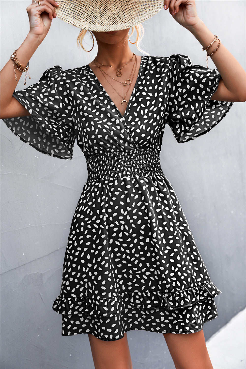 Smocked Waist Layered Surplice Dress - Whiicka
