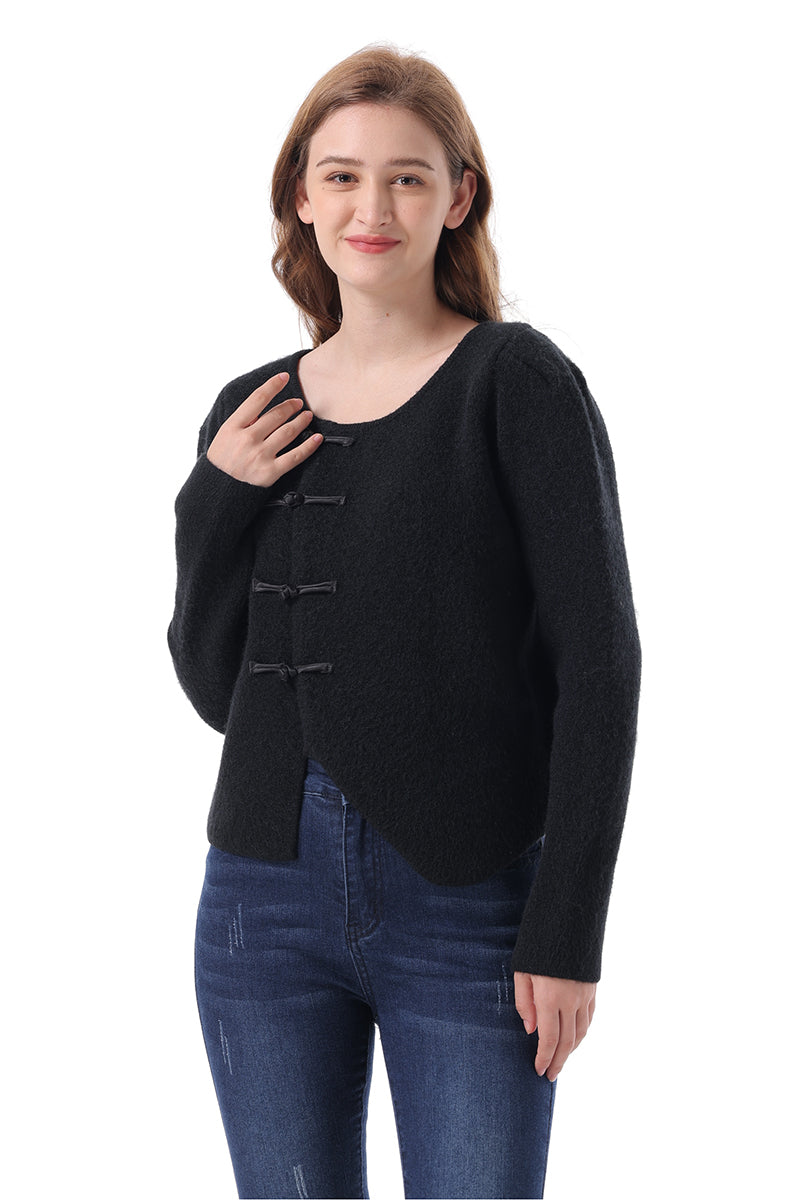 Round Neck Frog Button Cardigan - Whiicka