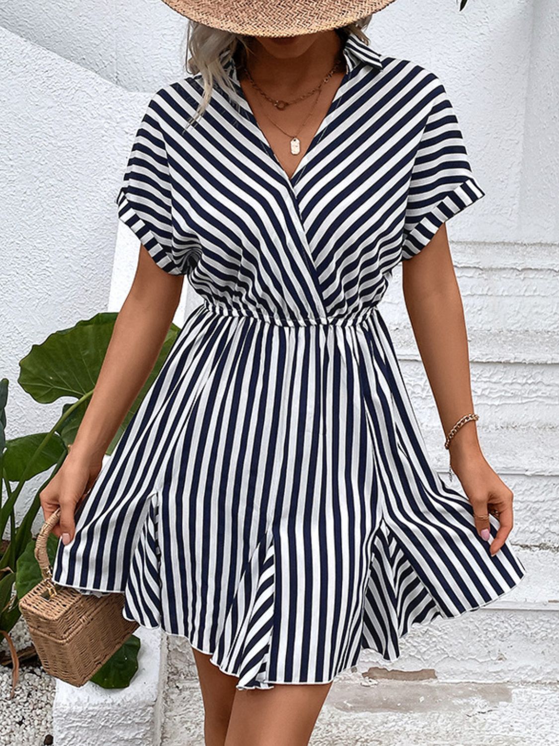 Striped Johnny Collar Mini Dress - Whiicka